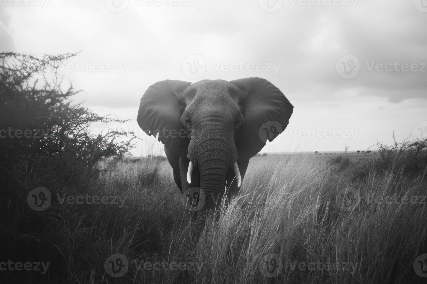 An elephant walking through tall grass in a field photo