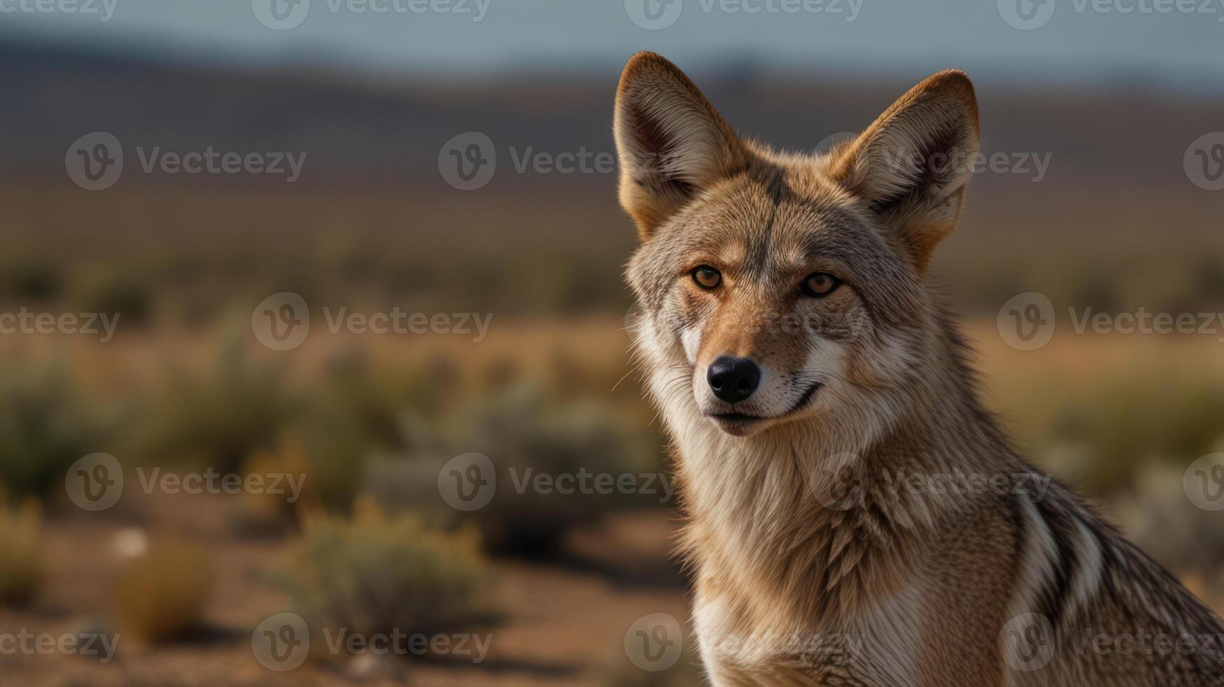 A coyote is standing in the middle of a desert photo
