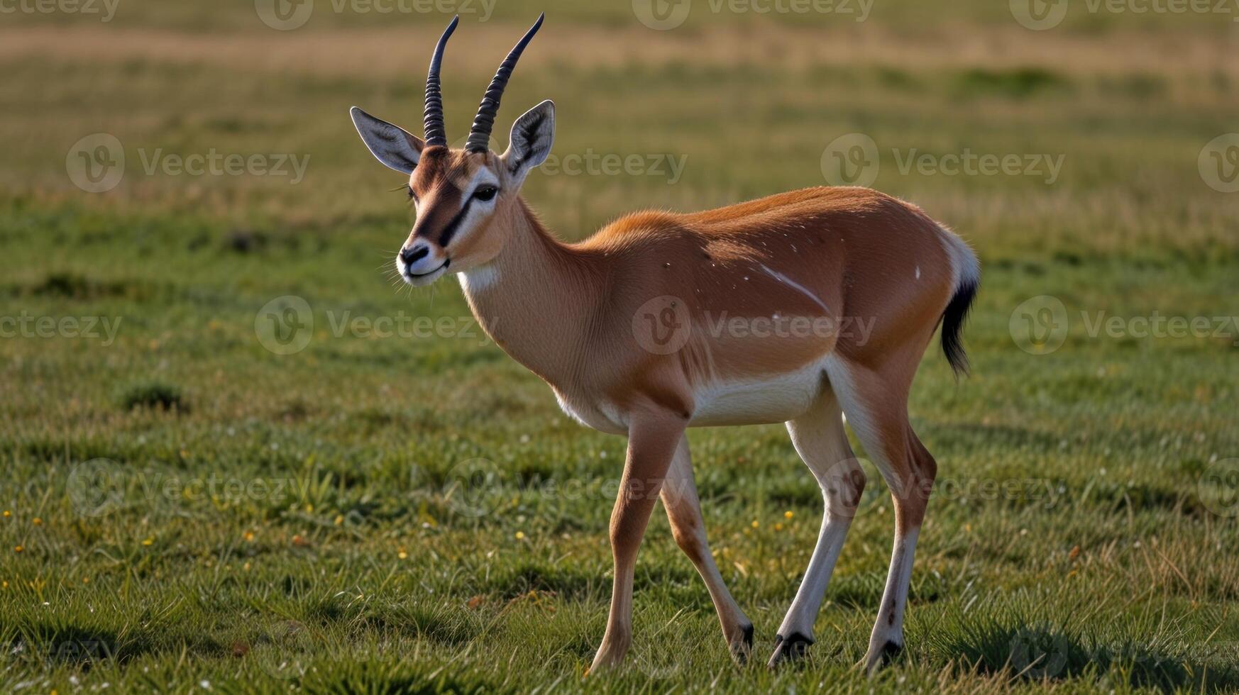 A gazelle standing in the grass on a field photo