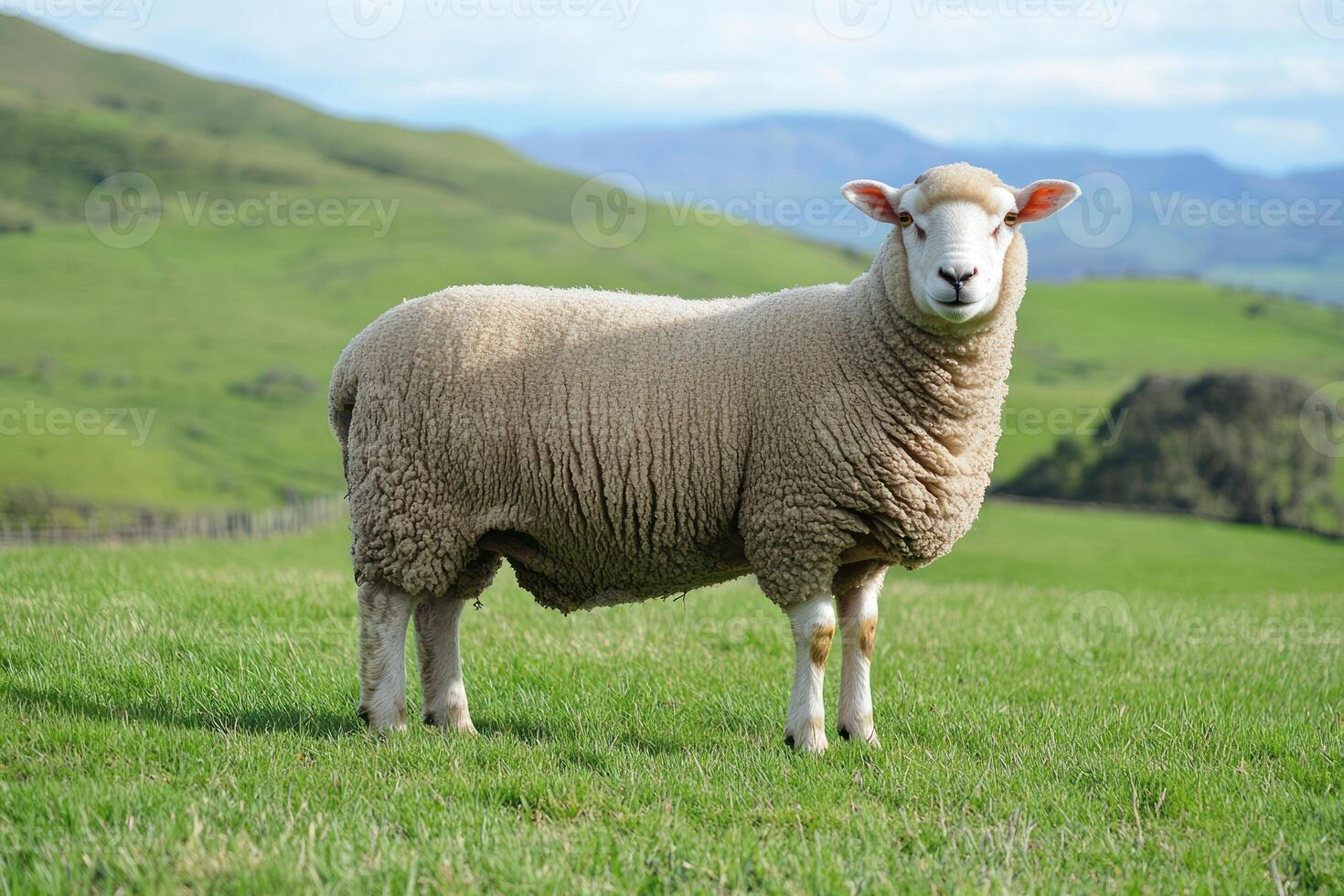 A sheep standing in a field with a hill in the background photo