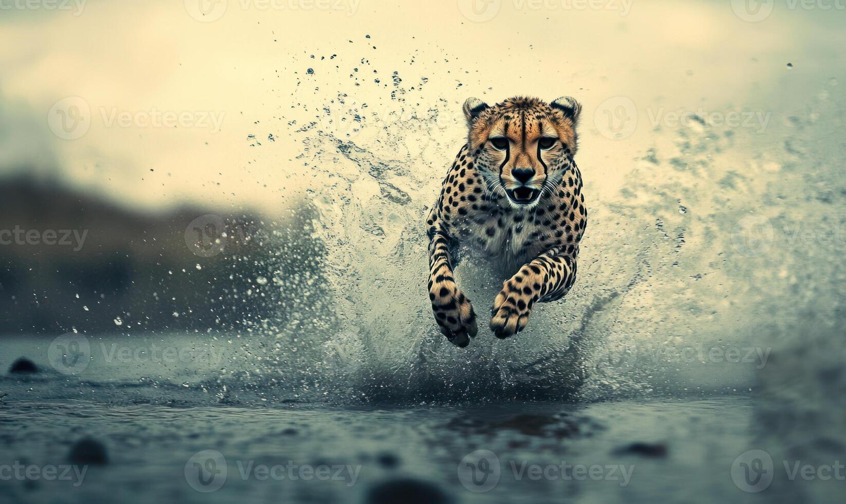 Cheetah in mid-stride, splashing water photo