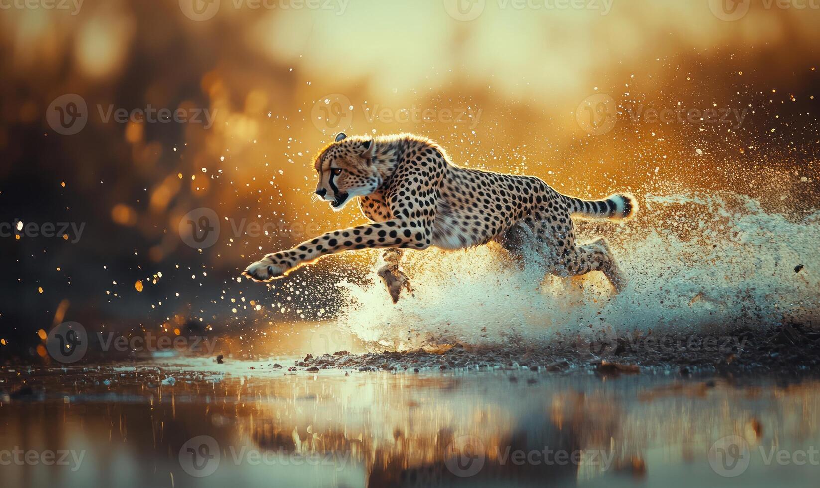 Cheetah running through shallow water at sunrise photo