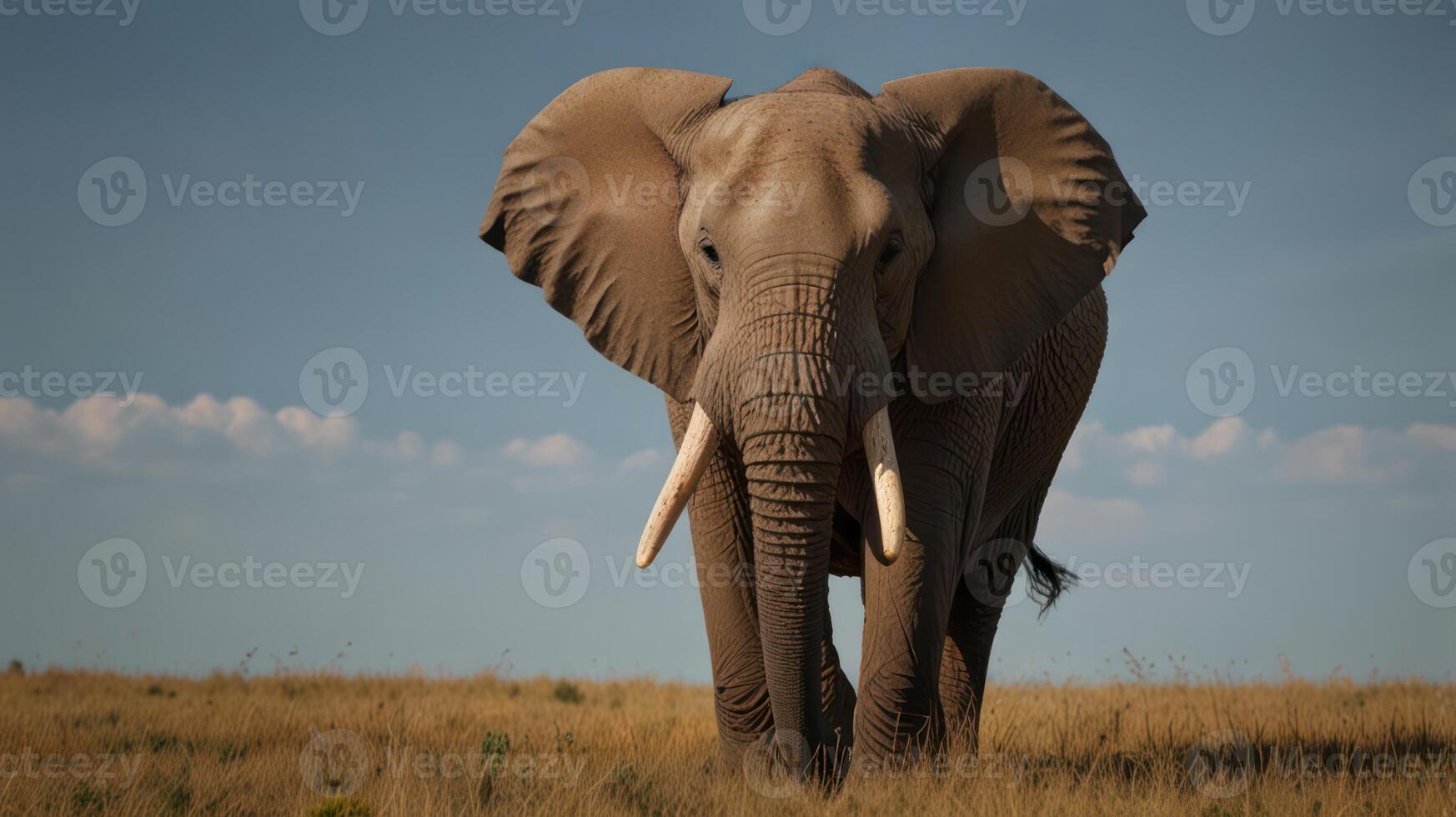 An elephant walking in a field with grass photo