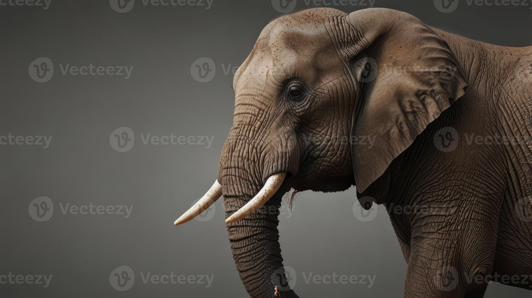 An elephant with tusks on a gray background photo