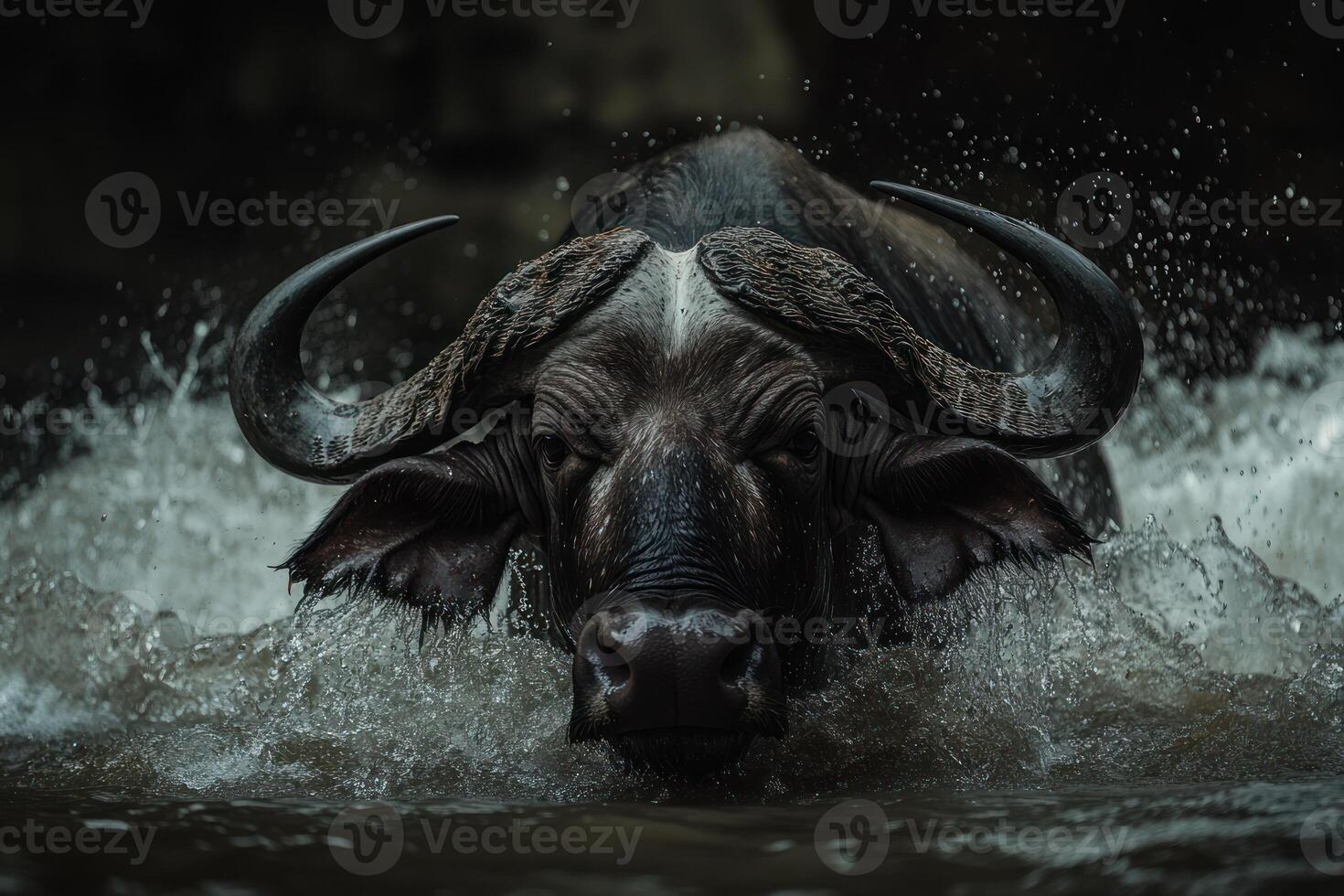 A buffalo is walking through water with its head up photo
