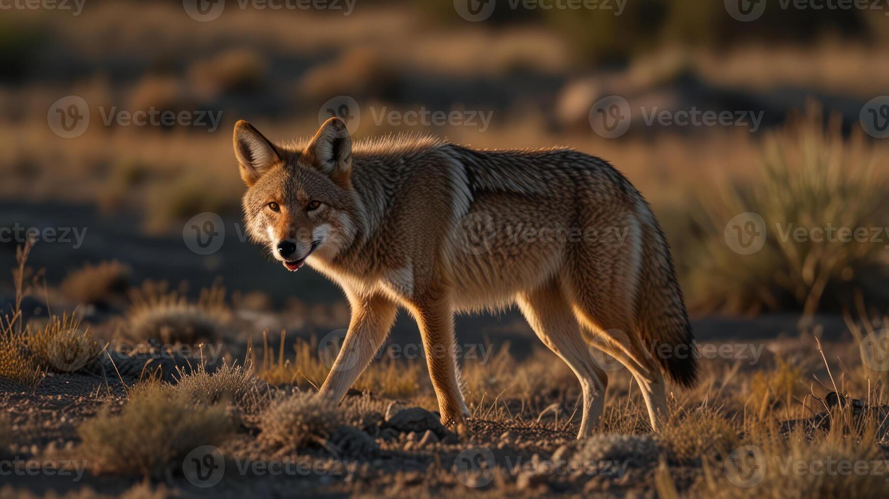 Coyotes in a desert landscape at sunrise photo