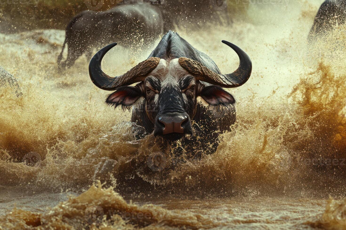 A herd of buffalo running through a river photo