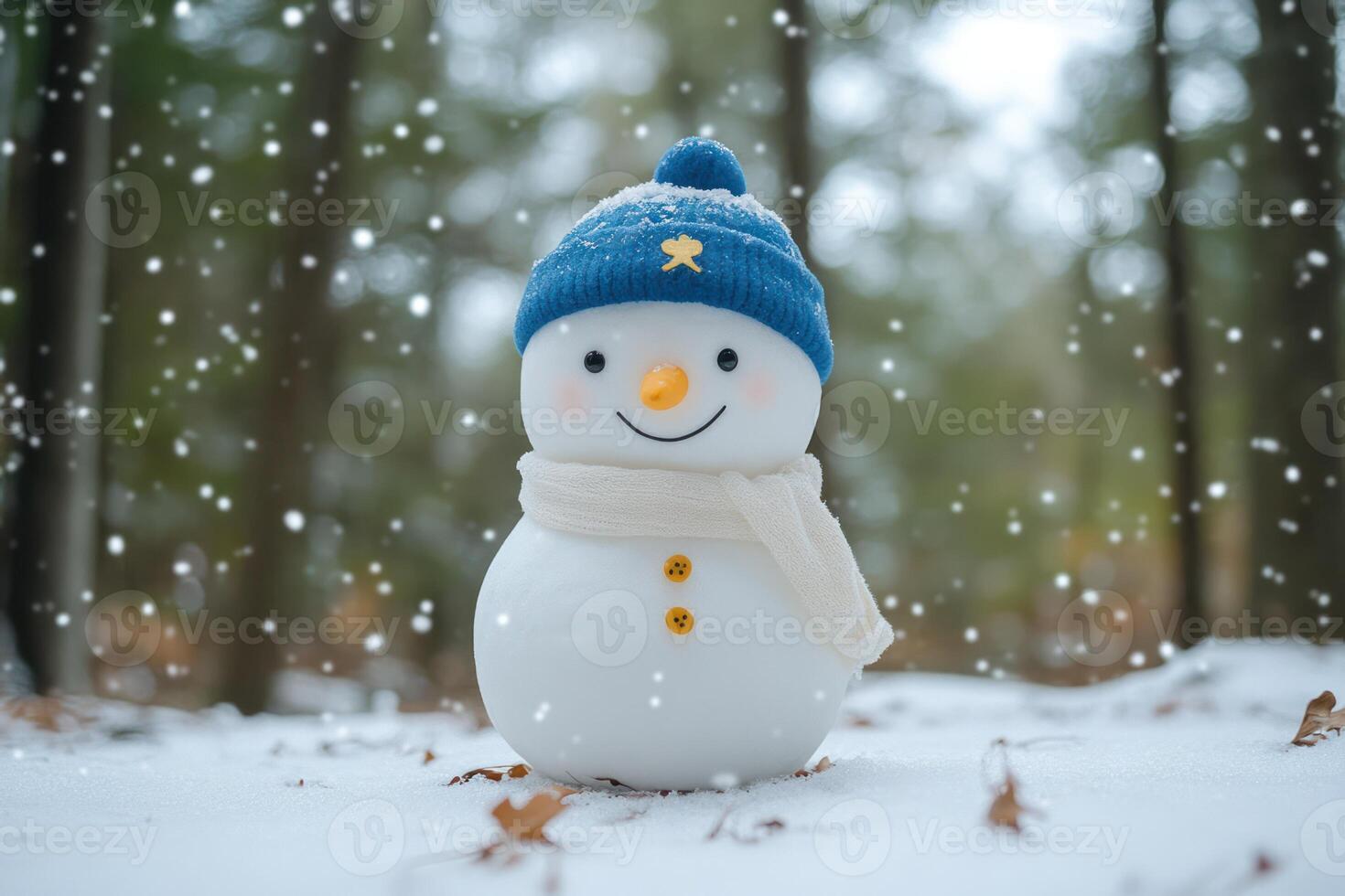 Cute snowman in a winter forest photo