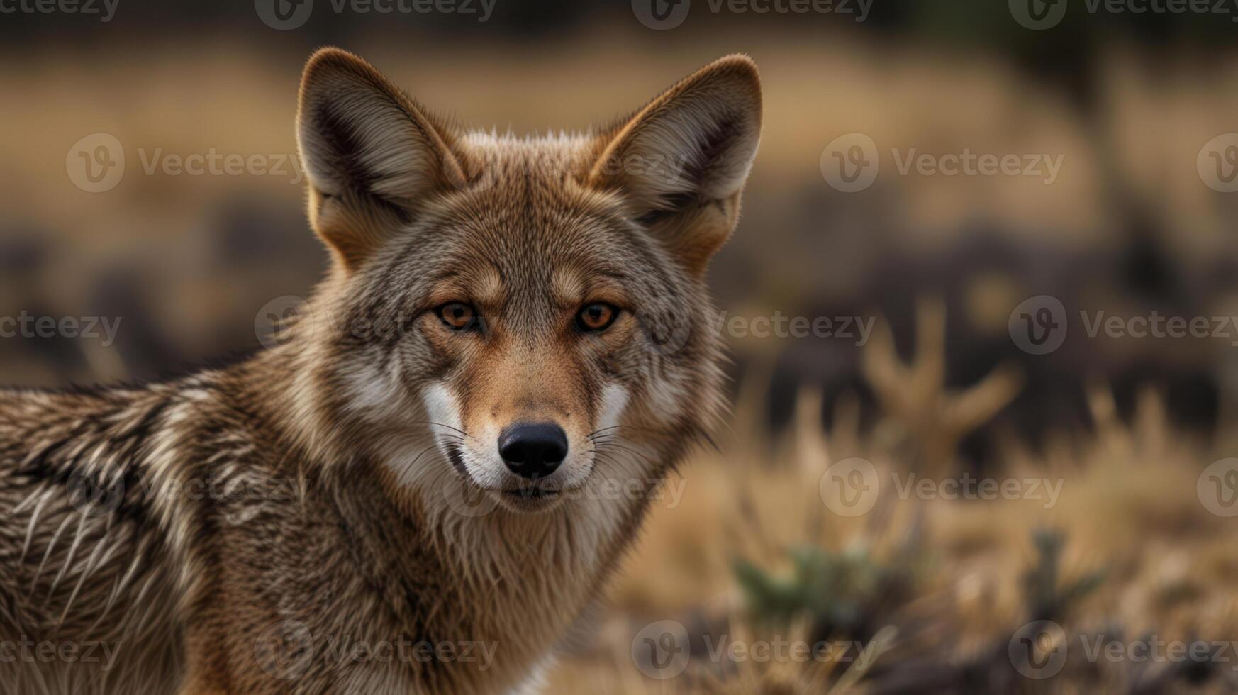 A coyote is standing in the middle of a field photo