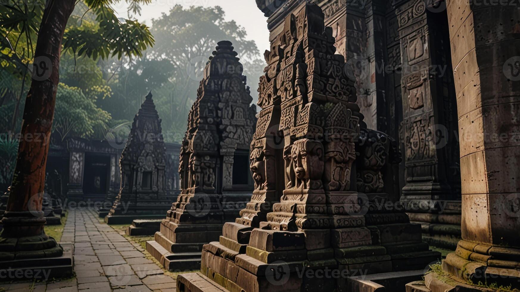Ancient temples in the jungle with trees and fog photo