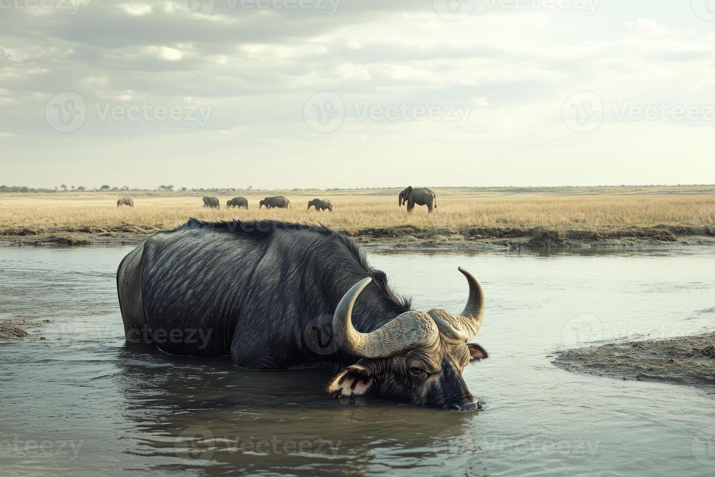 A buffalo is in the water photo