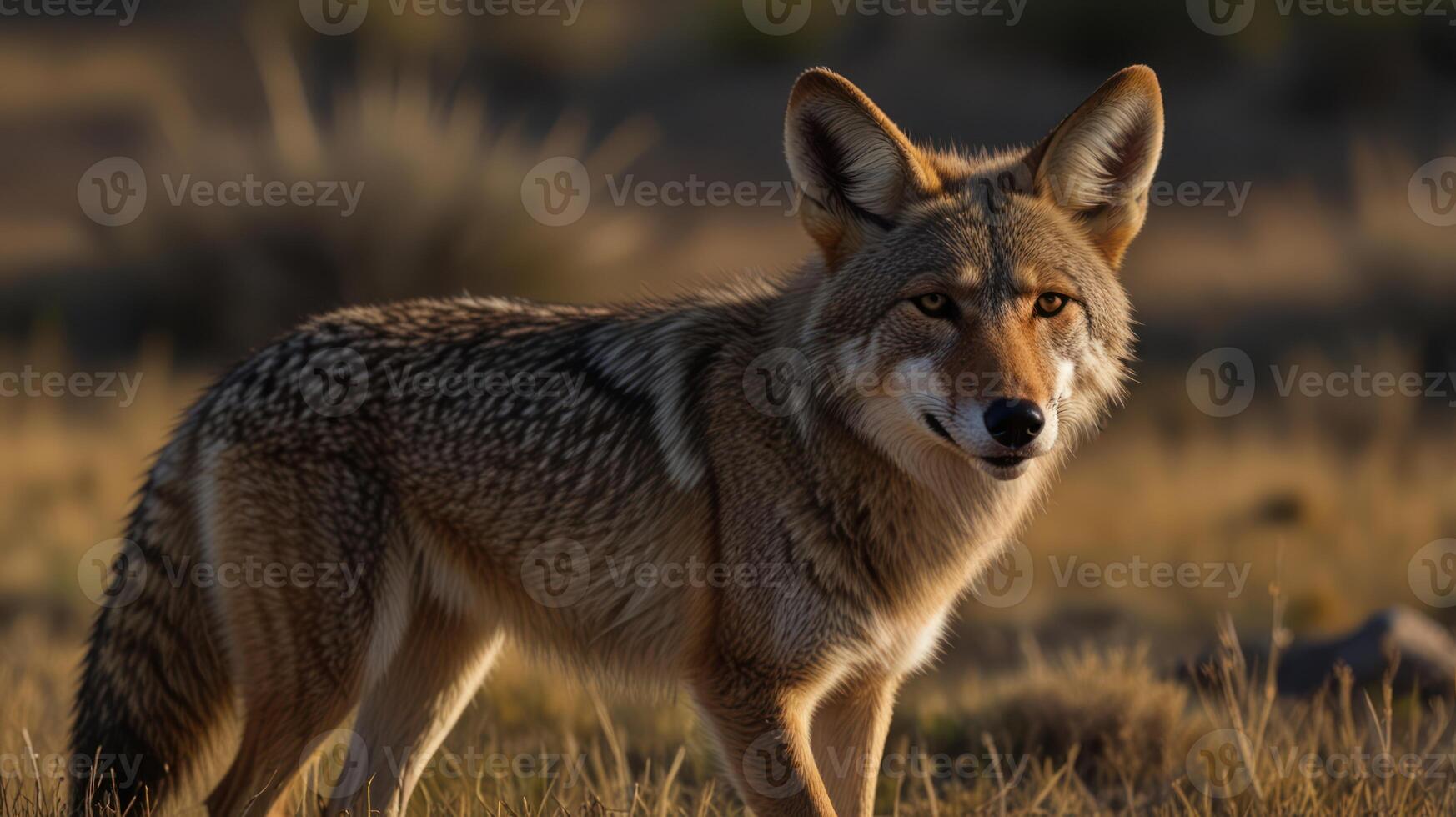 A coyote is standing in the grass photo