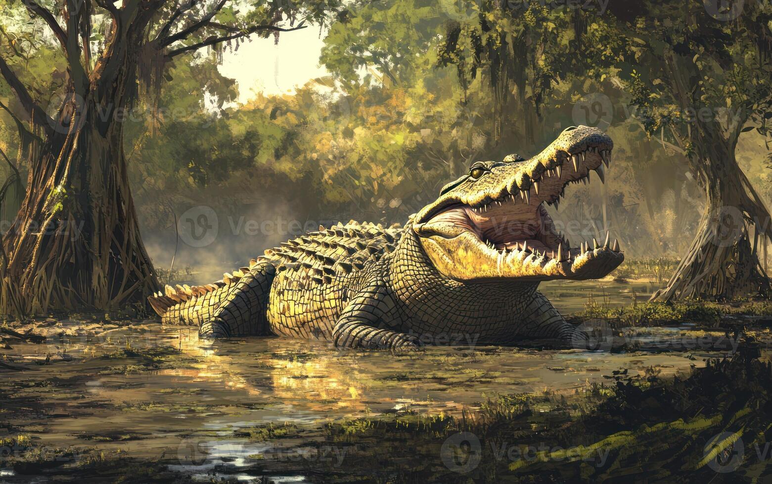 A large crocodile in a swampy forest photo