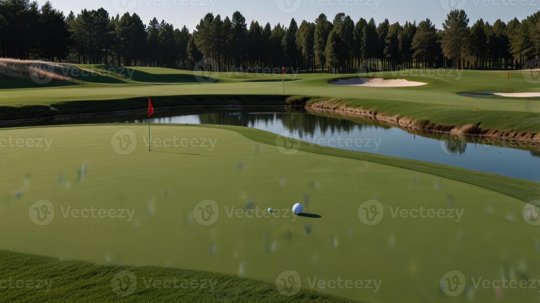 Golf course putting green with water hazard photo