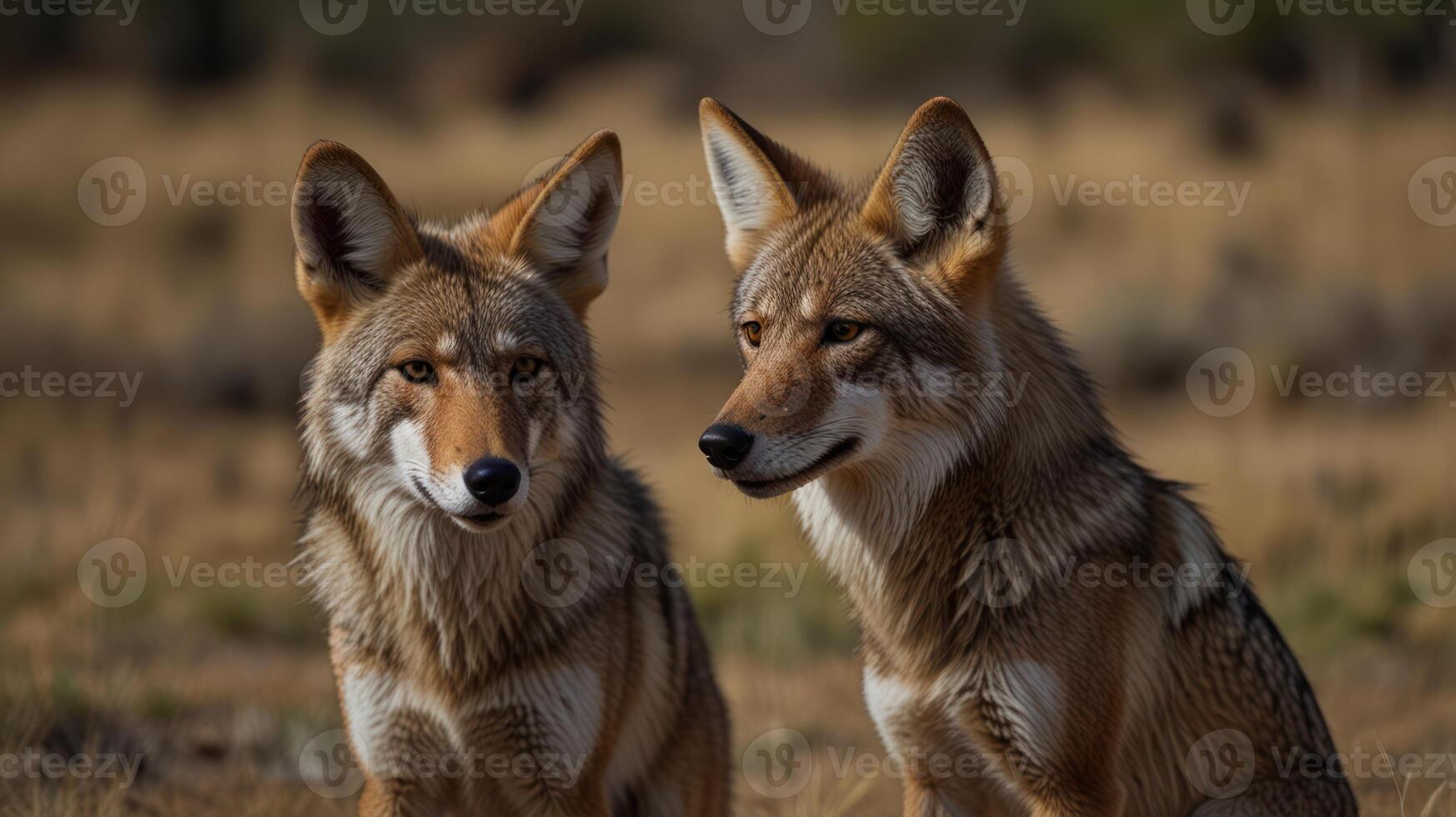 Two coyotes are sitting in the grass photo