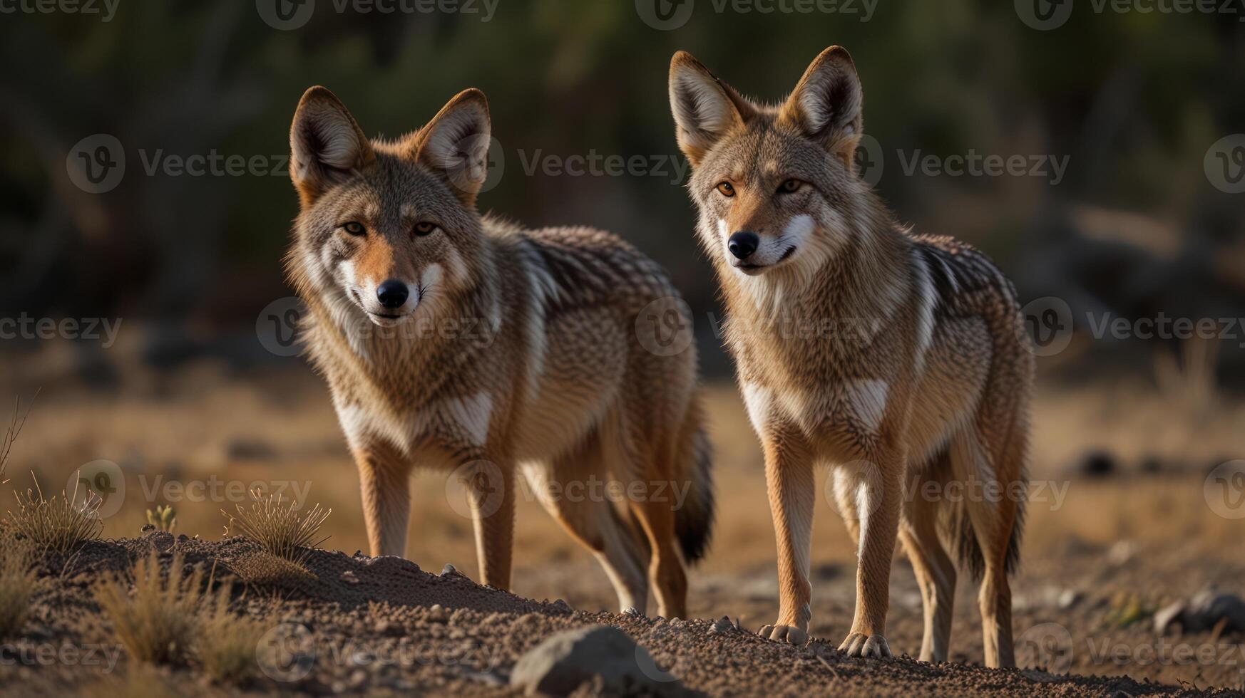 Two Coyotes standing alert in a sunlit landscape photo