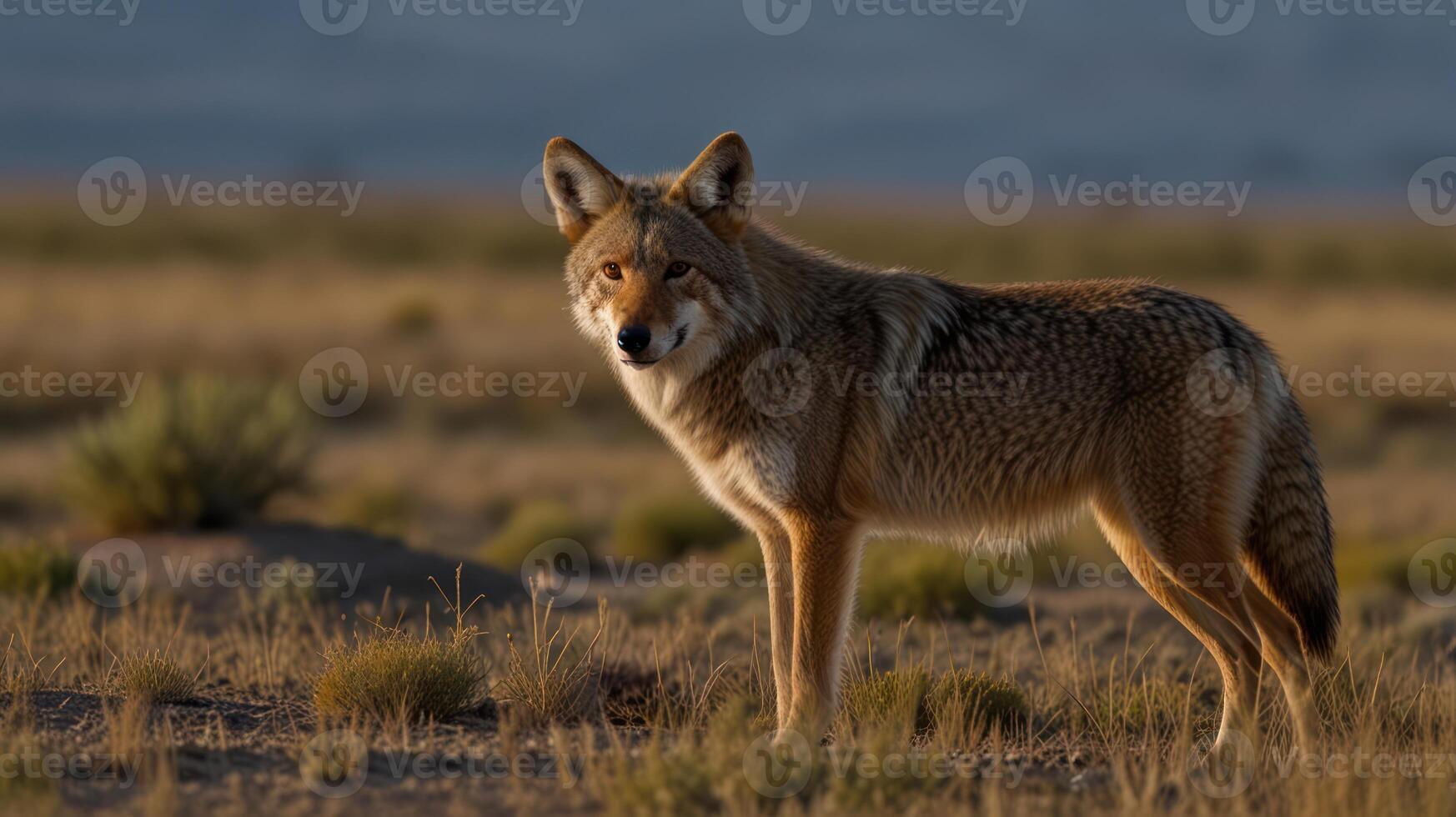 A coyote stands in the middle of a field photo