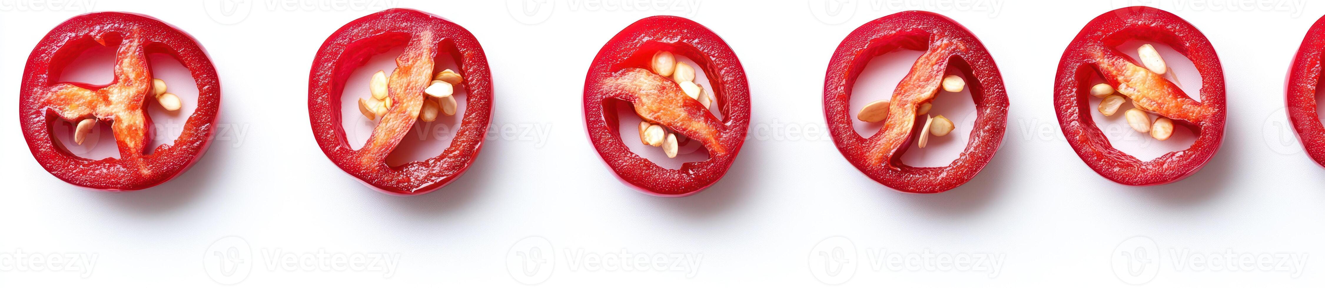 A row of sliced tomatoes on a white surface photo