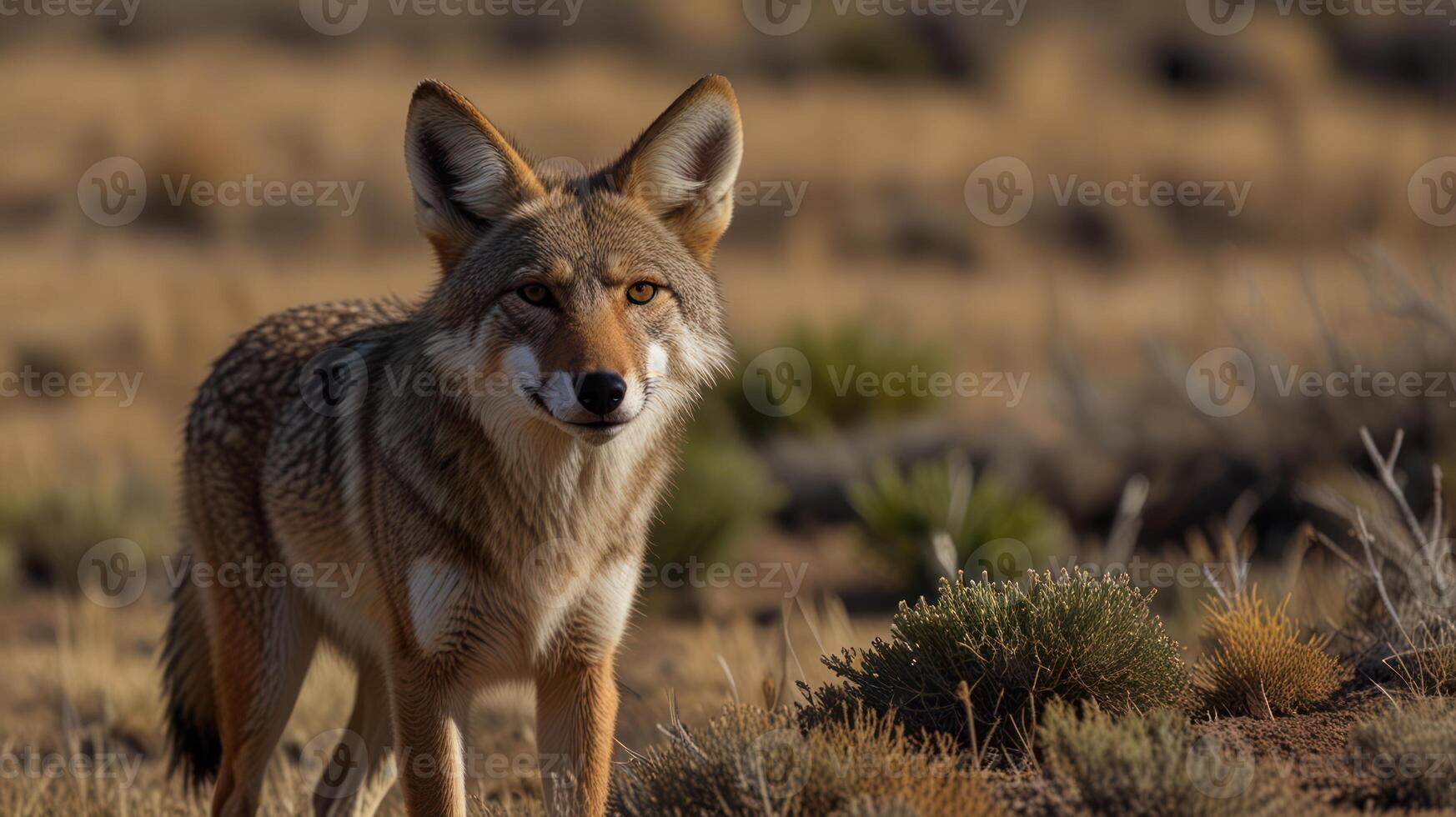 A coyote stands in the middle of a desert photo