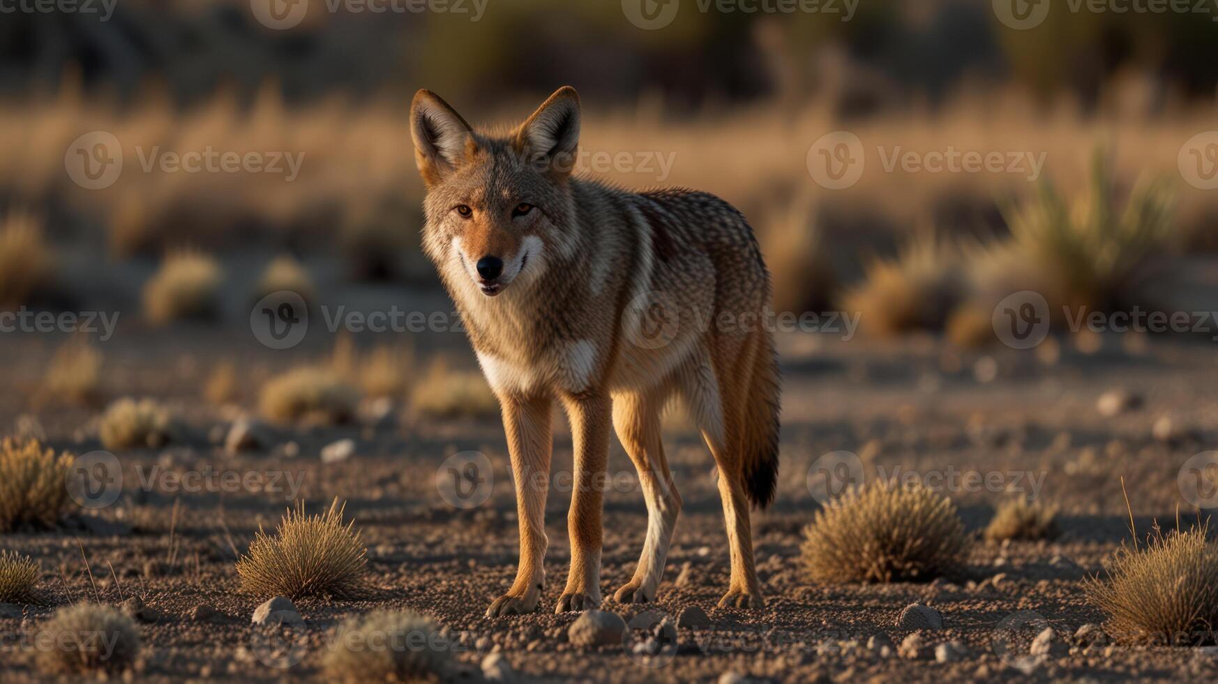 Coyotes in the desert sunset photo