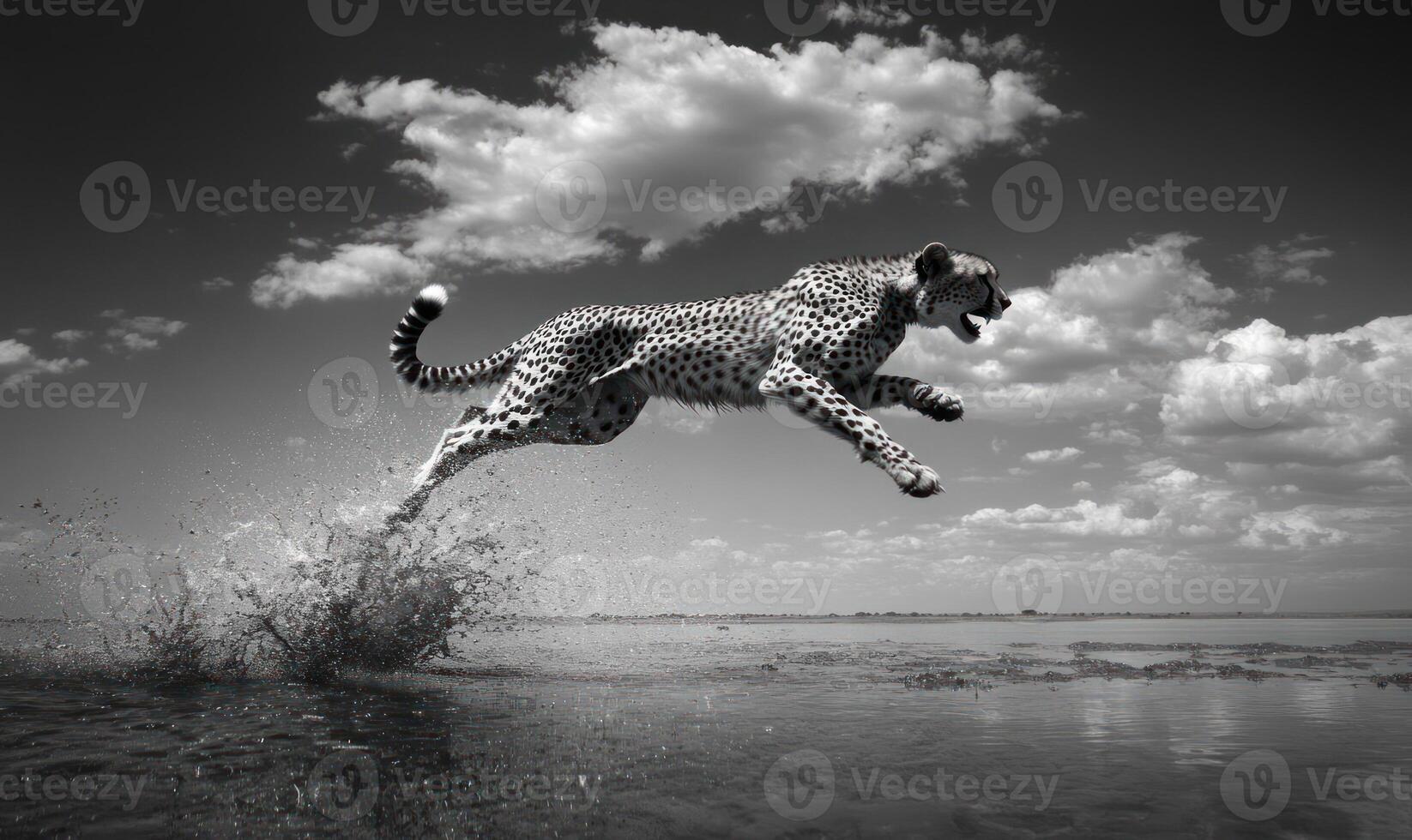 A cheetah leaps across a shallow body of water in a monochrome landscape photo