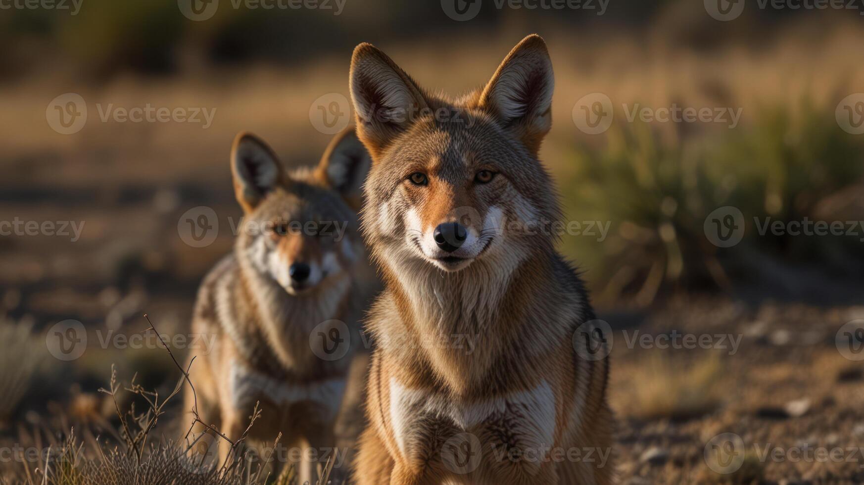 Two Coyotes in a sunlit desert landscape photo