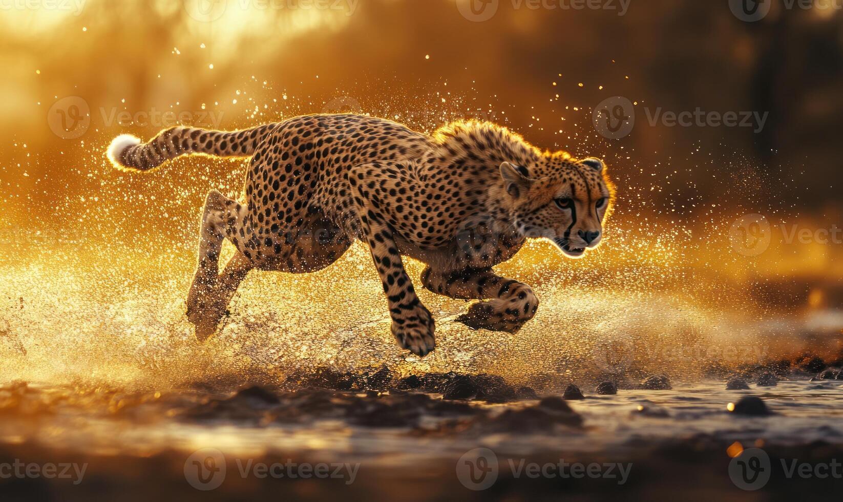 Cheetah running through water at golden hour photo