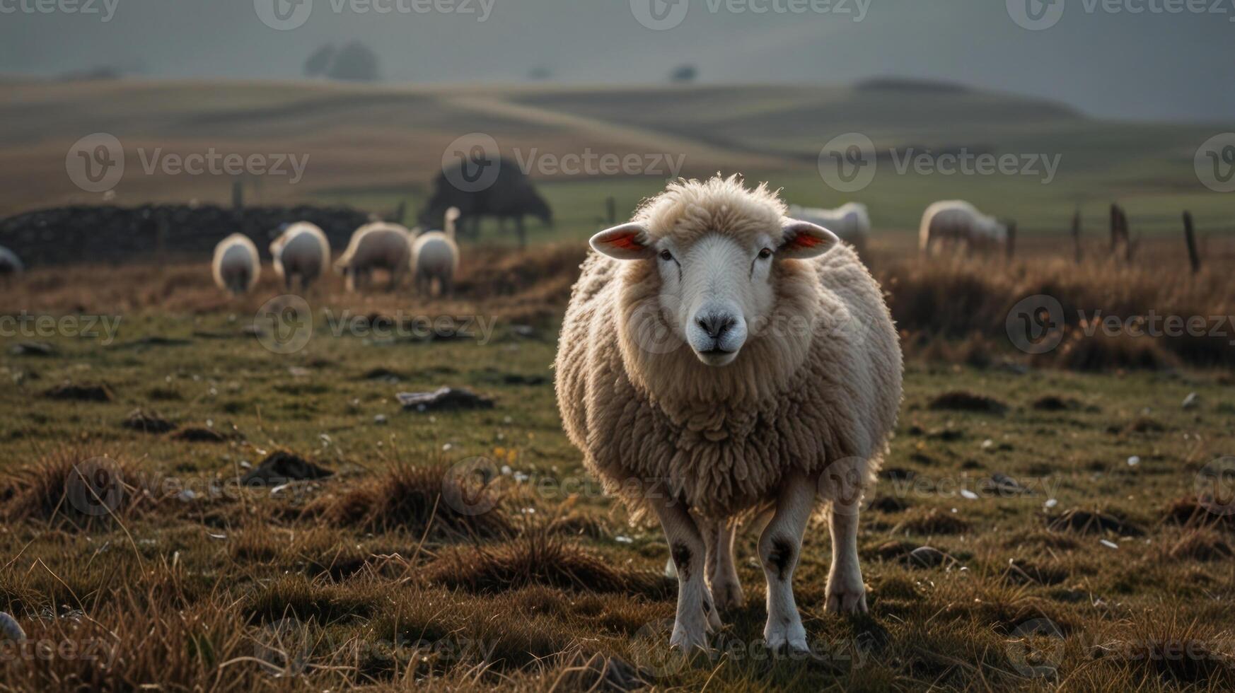 A sheep standing in a field with other sheep photo