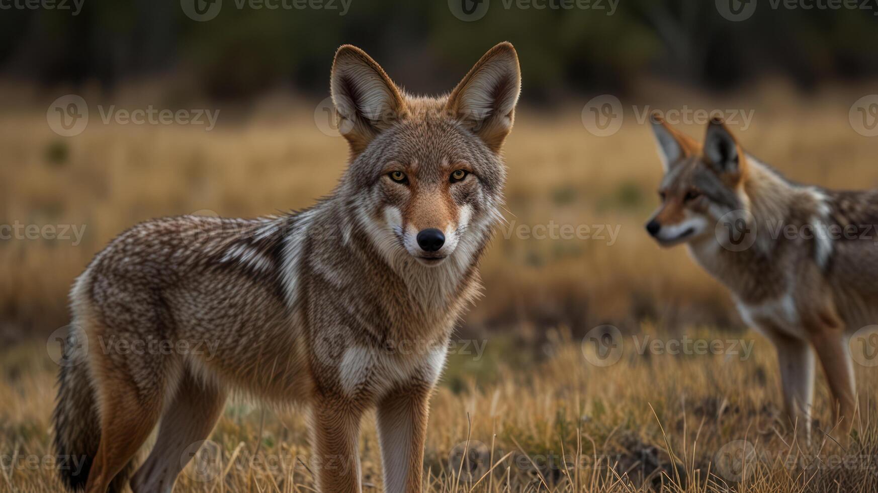 Two coyotes in a field photo