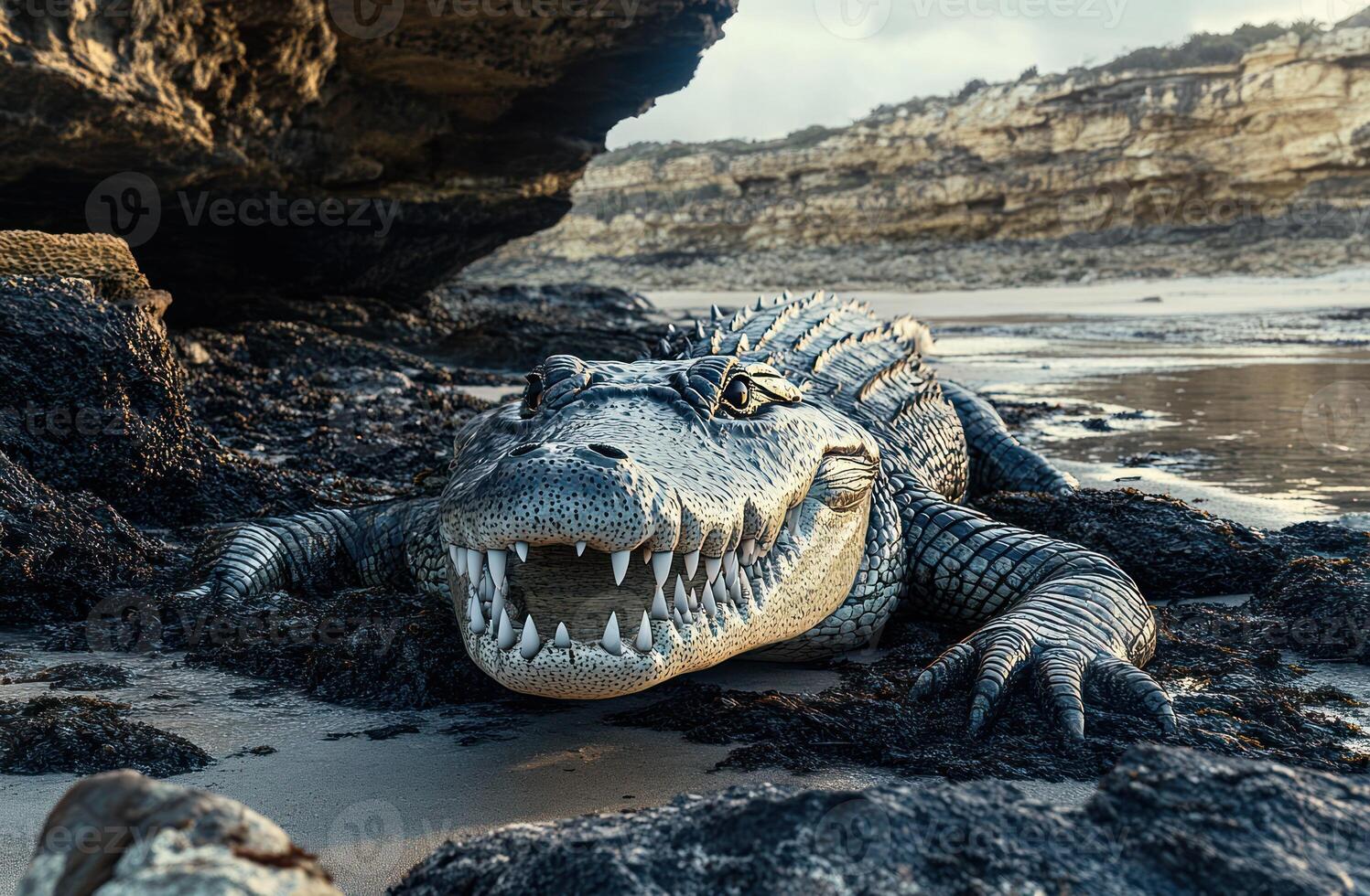 Crocodile resting on a beach under a rock overhang photo
