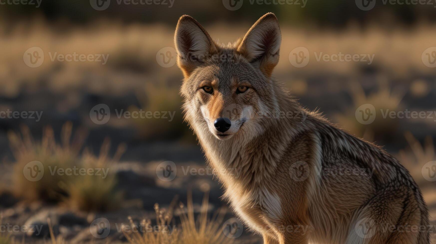 A coyote is sitting in the middle of a field photo
