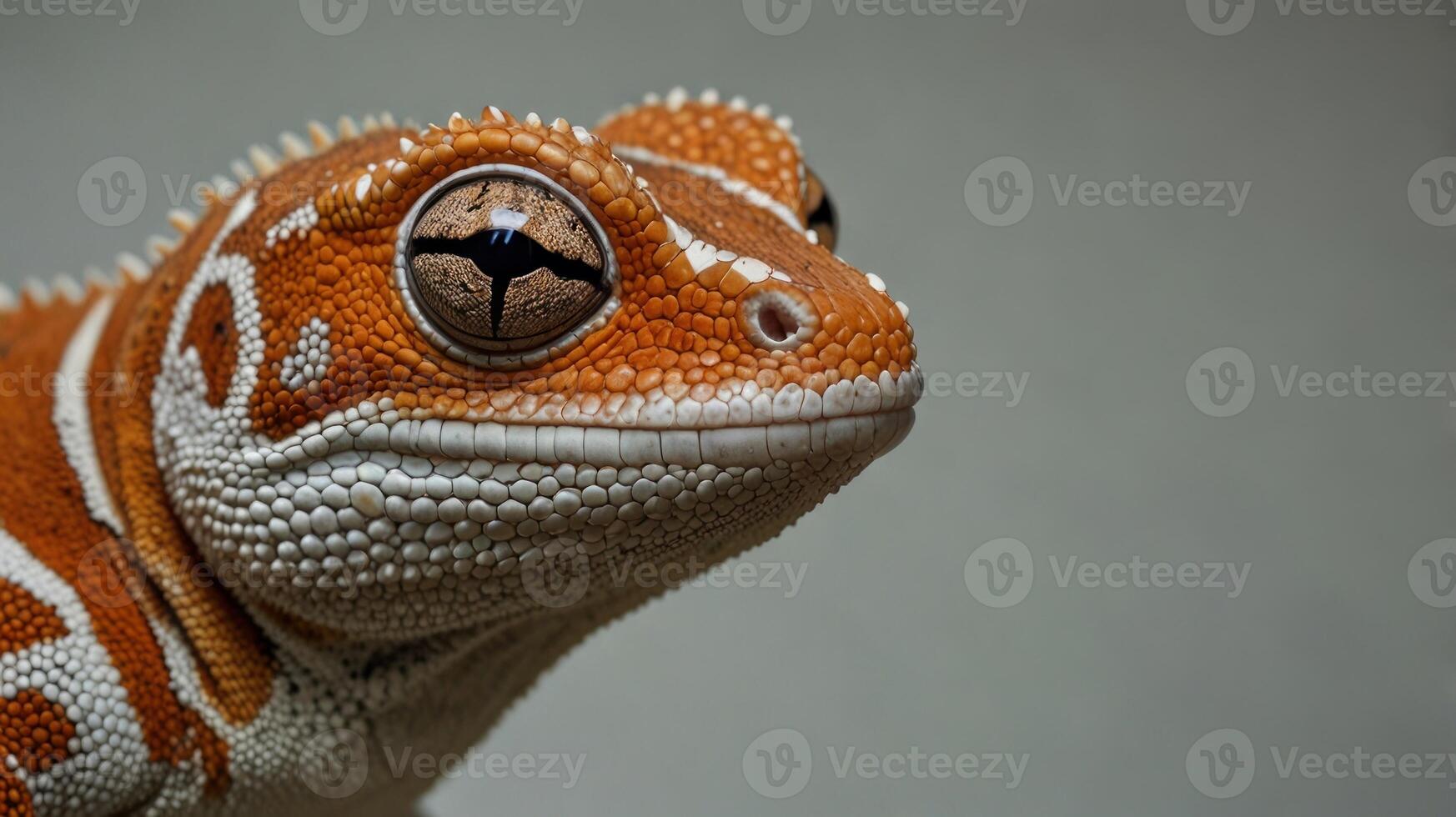 A close up of a lizard with a white and orange face photo