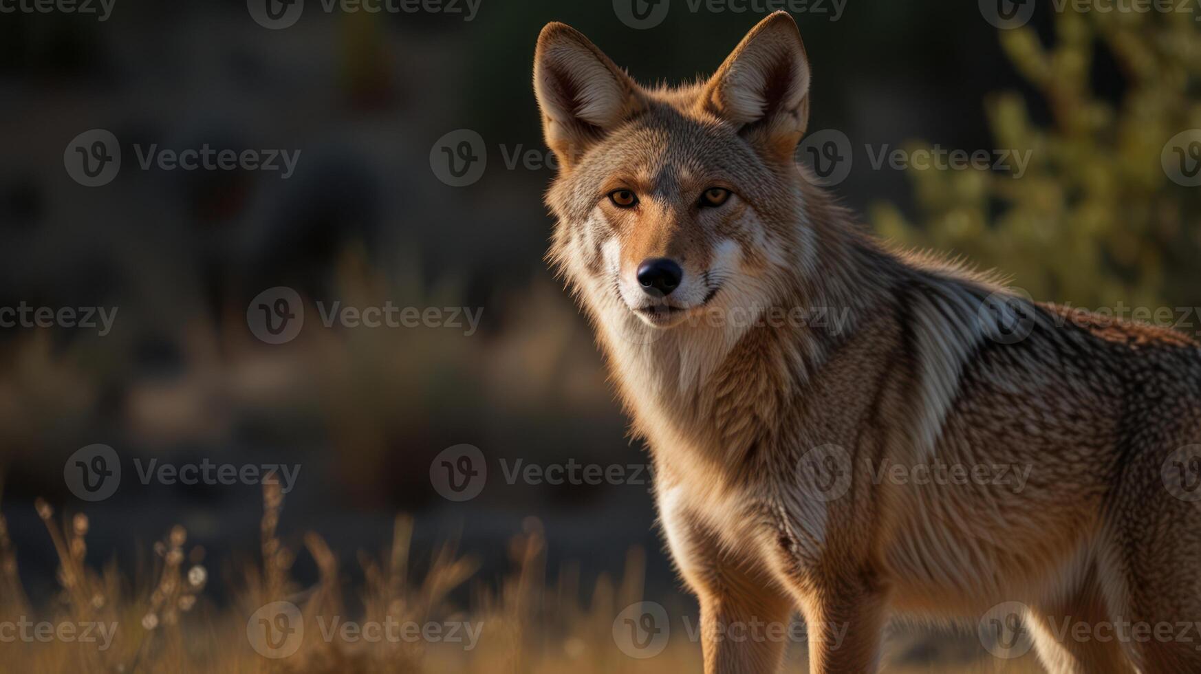 A coyote stands in the grass in the desert photo