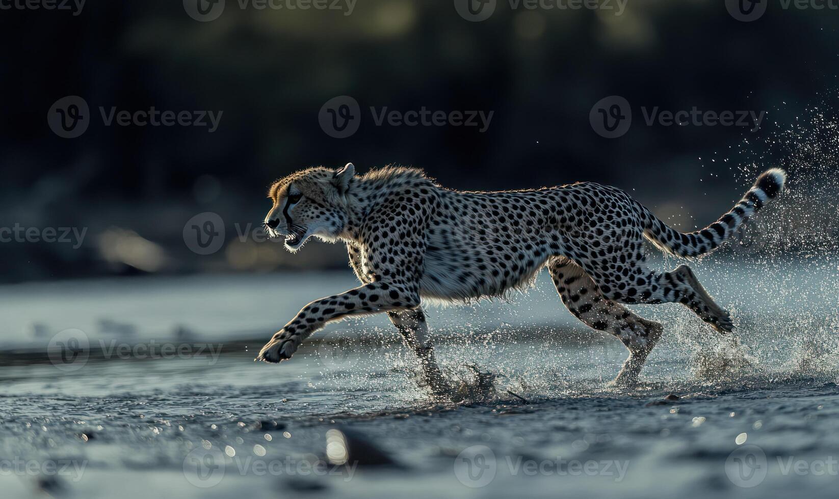 Cheetah running through shallow water photo