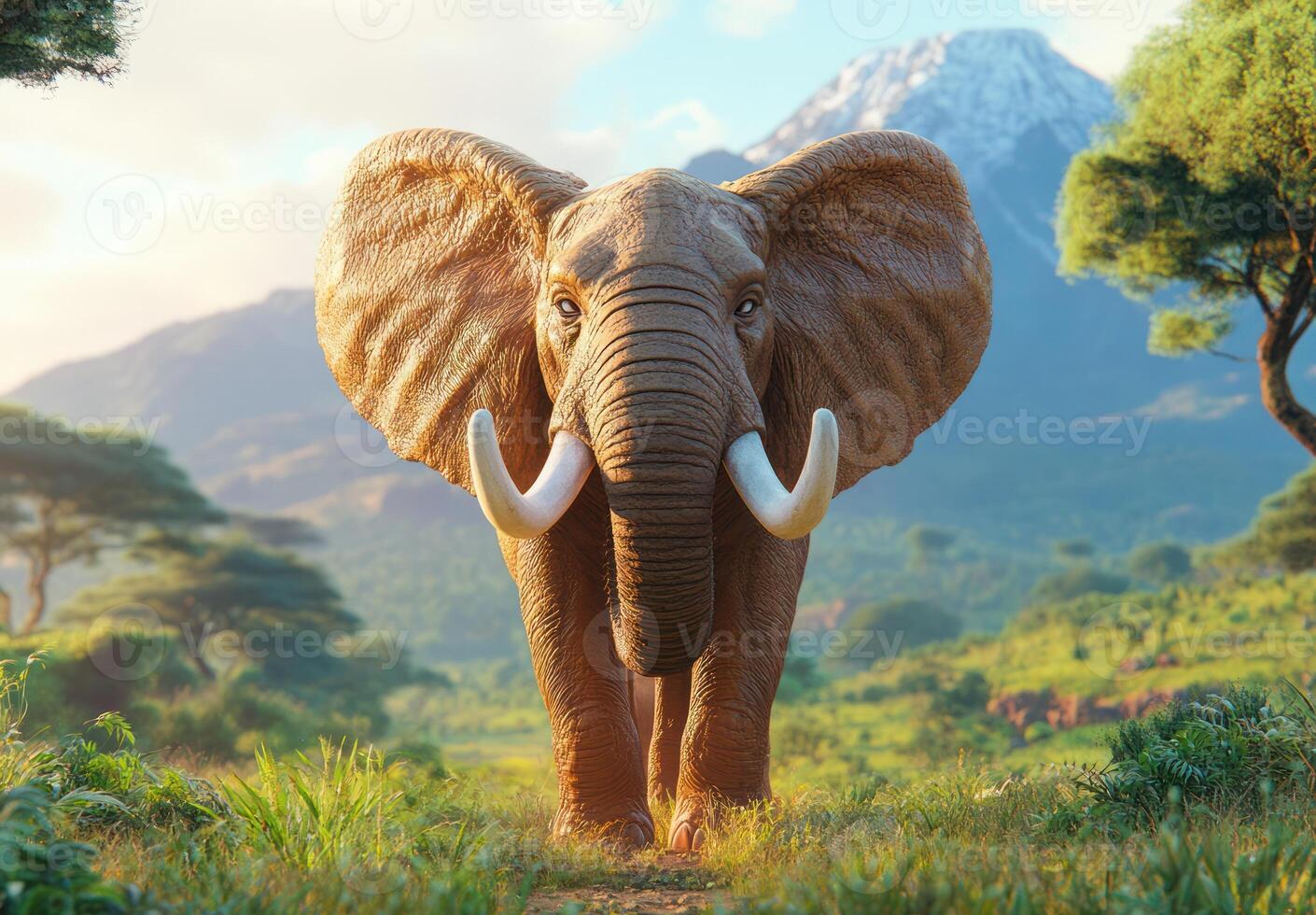 An elephant walking through a lush green field photo