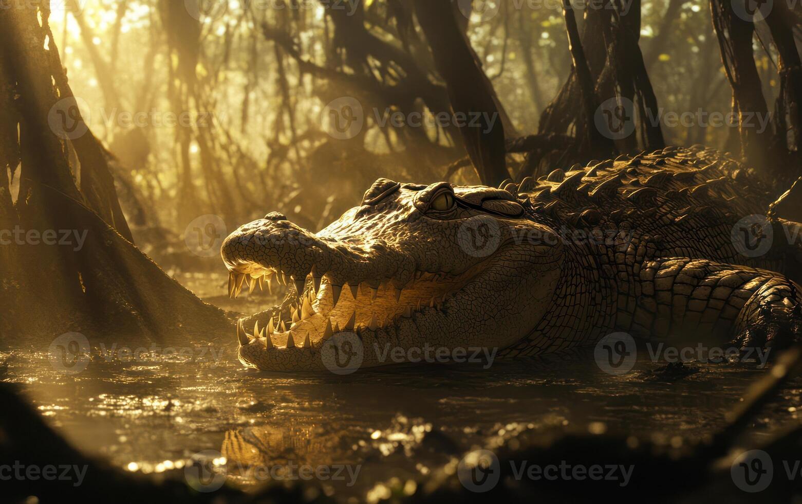 A large alligator is in the water photo