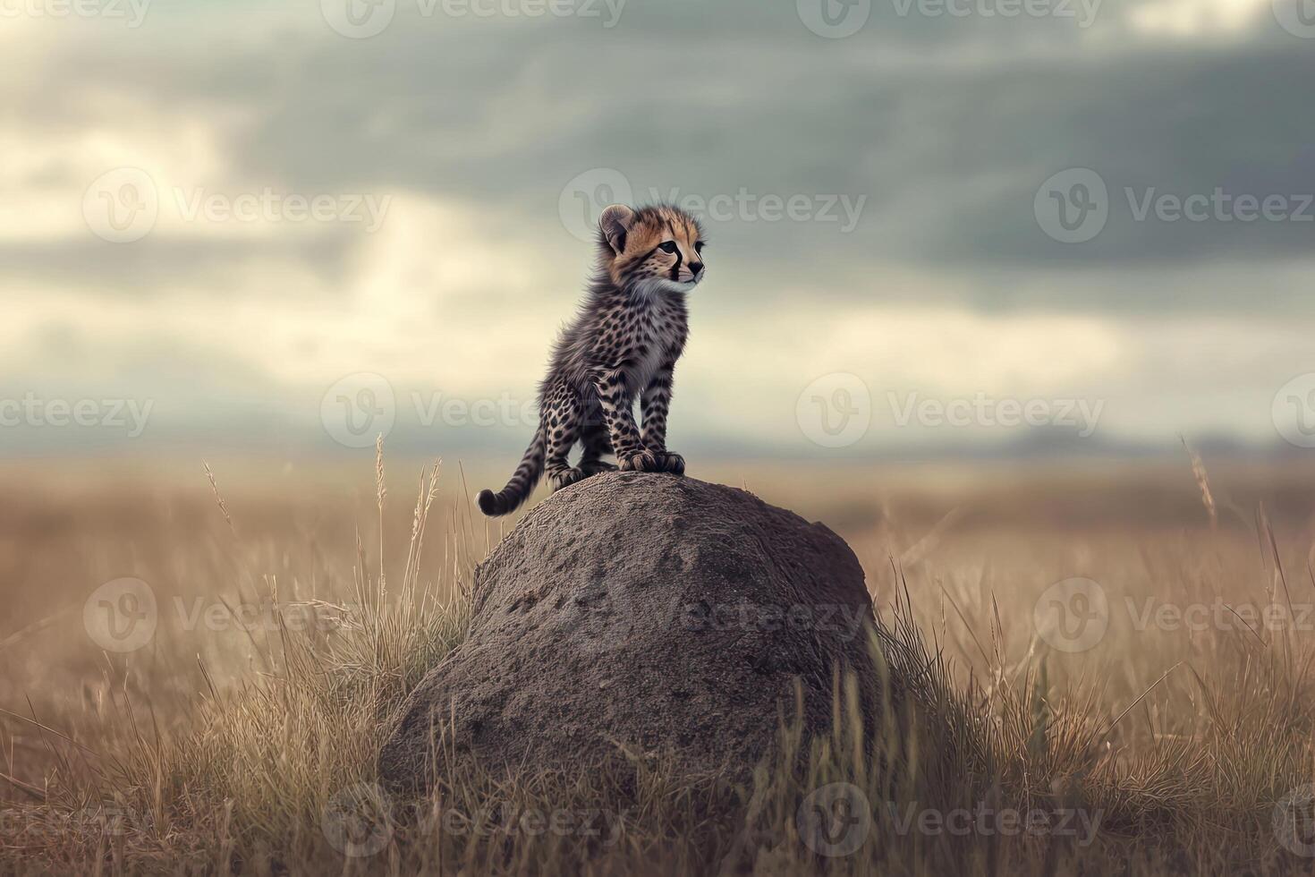 A cheetah standing on top of a rock in the middle of a field photo