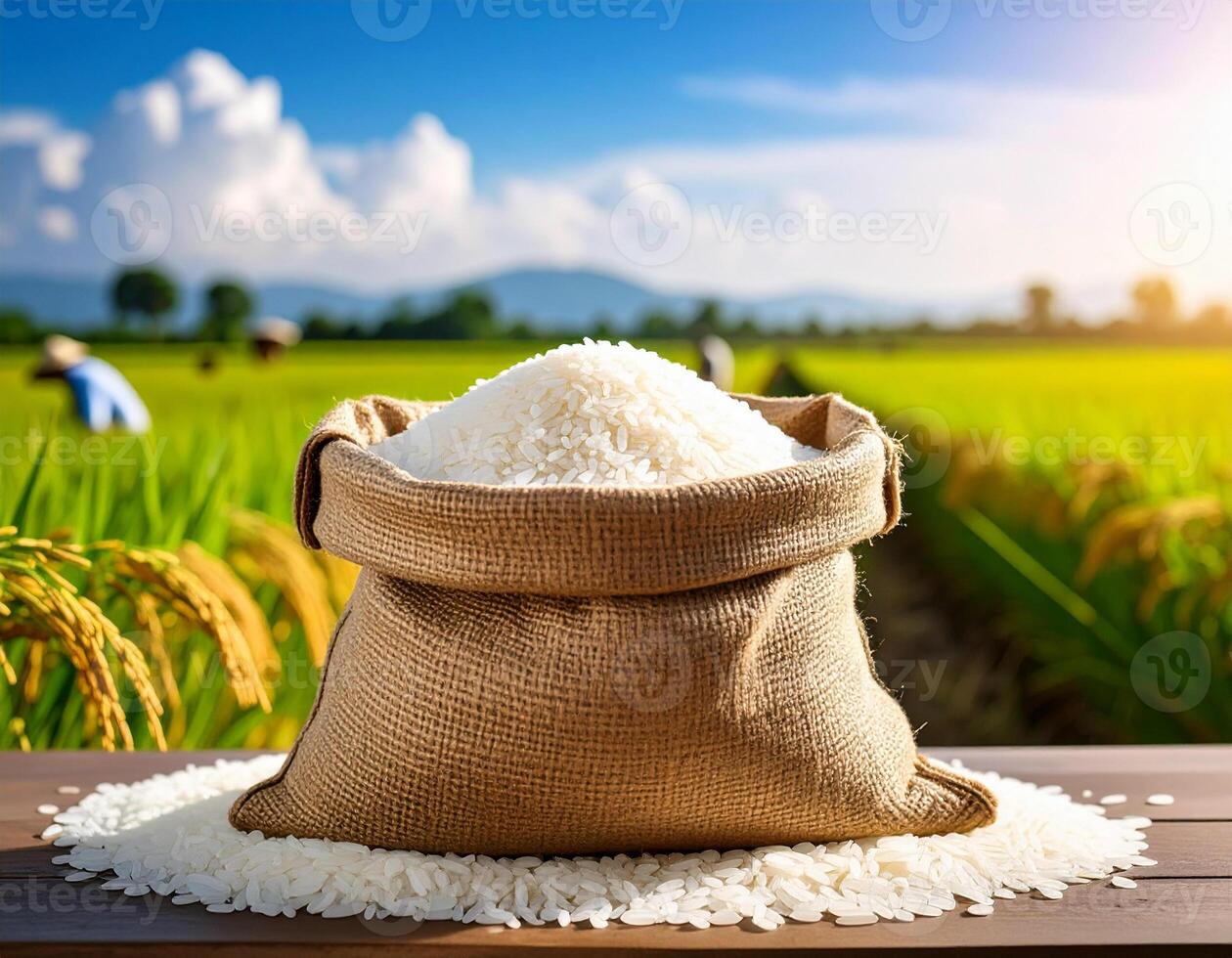 Rice in sack on table in rice field photo