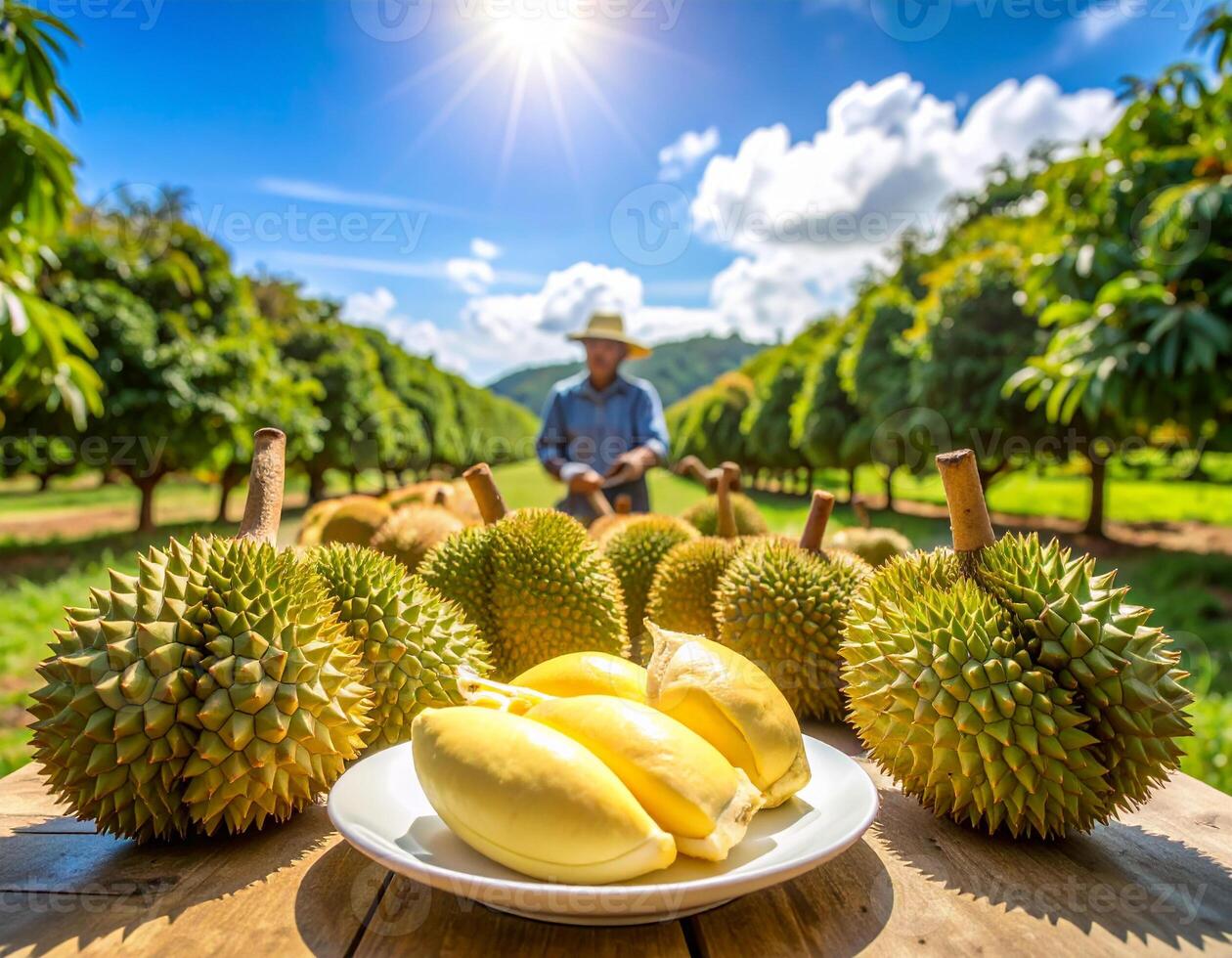 A man is standing in front of a table with durian fruit photo