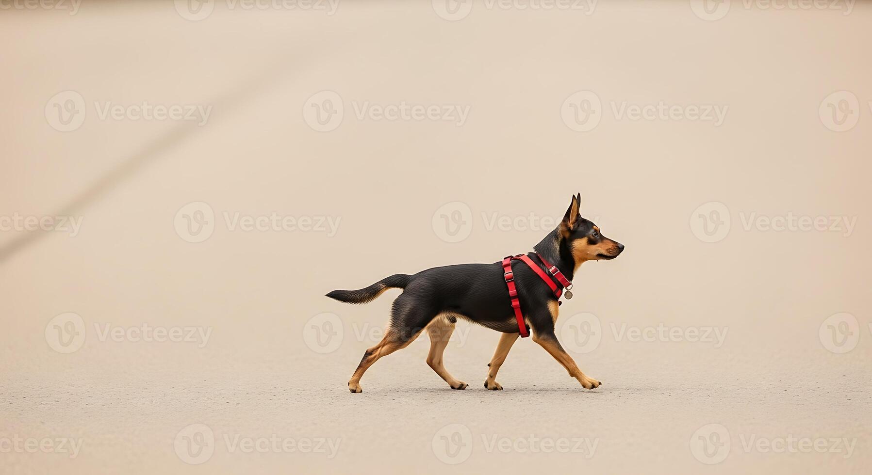 A small dog is walking on a road photo
