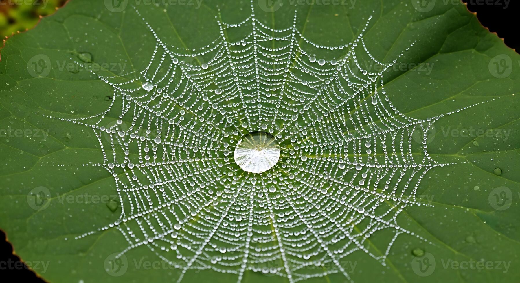A spider web on a leaf with water droplets photo