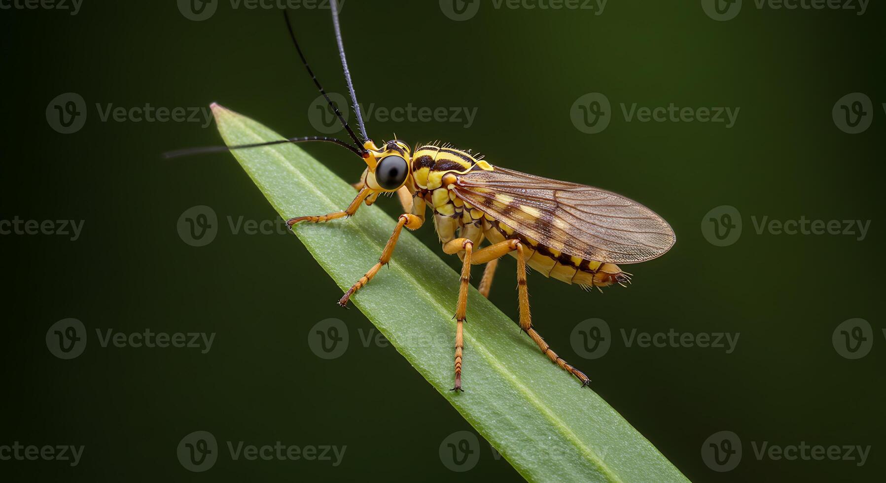 A yellow and black insect on a green leaf photo
