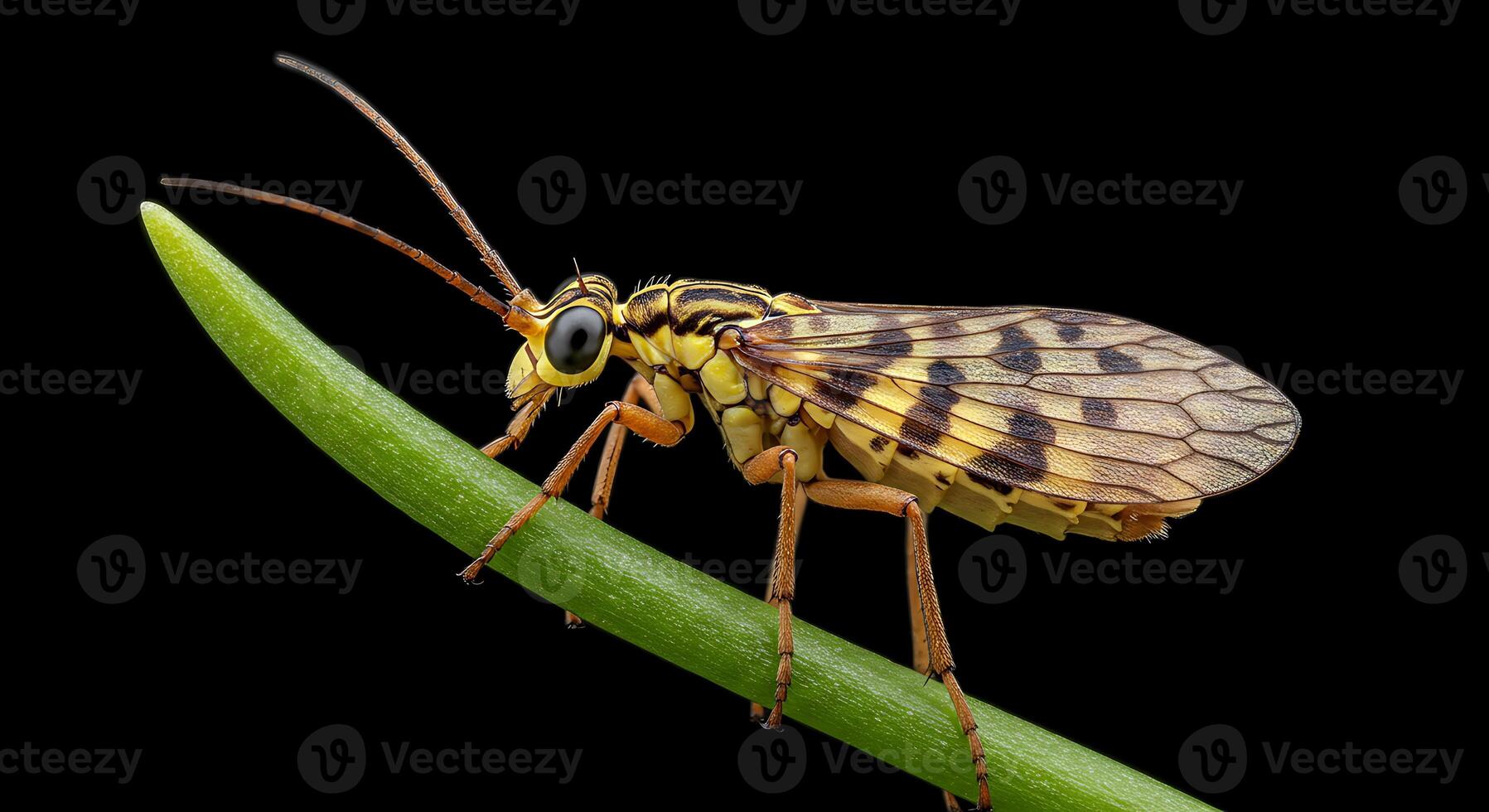 A yellow and black insect on a green stem photo