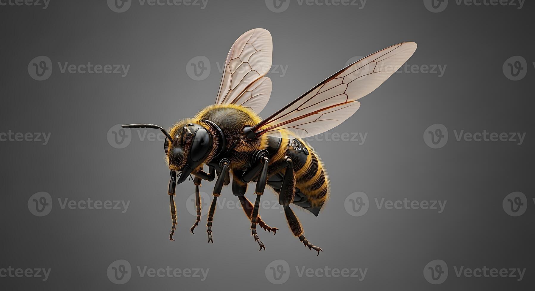 A bee with large wings and a black and yellow body photo