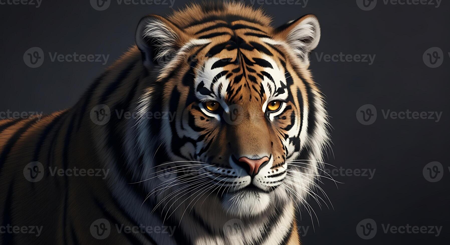 A tiger is shown in a dark background photo