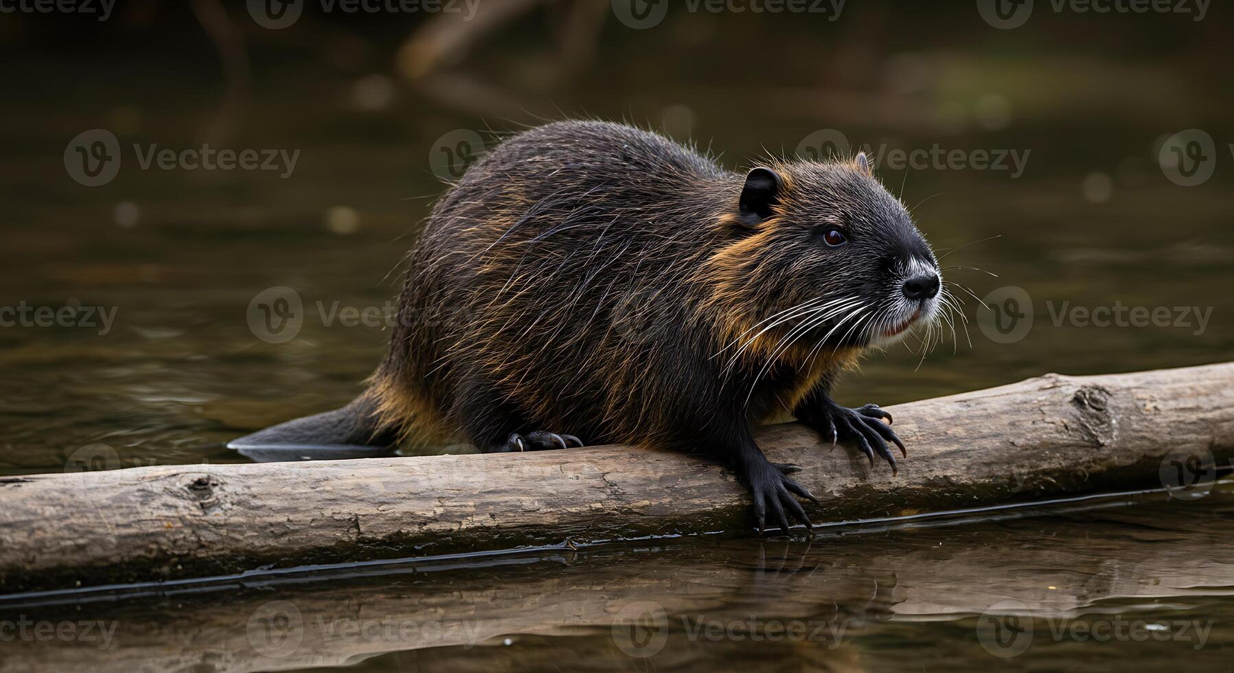 A small animal standing on a log in the water photo