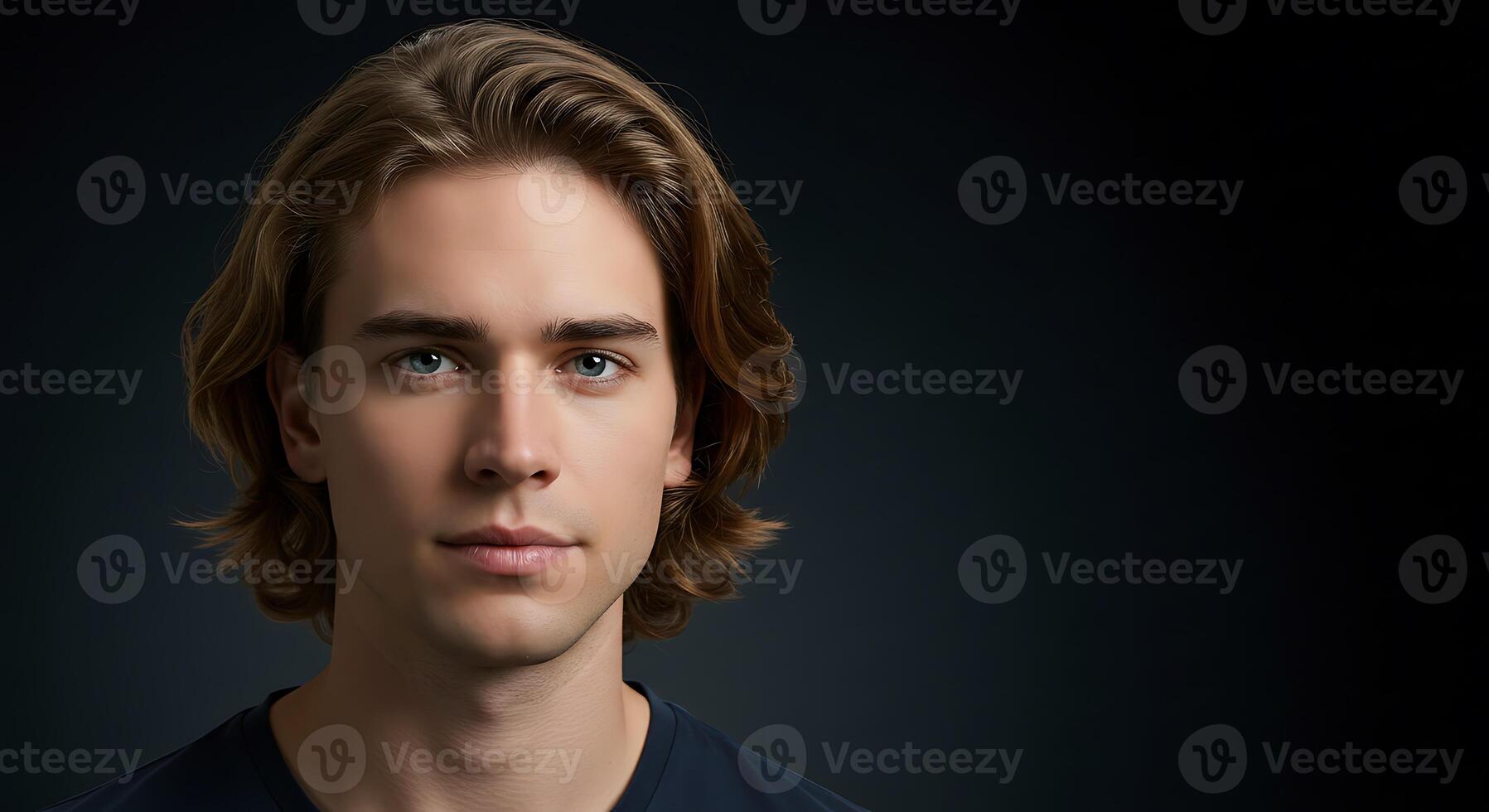 A young man with long hair and blue eyes photo