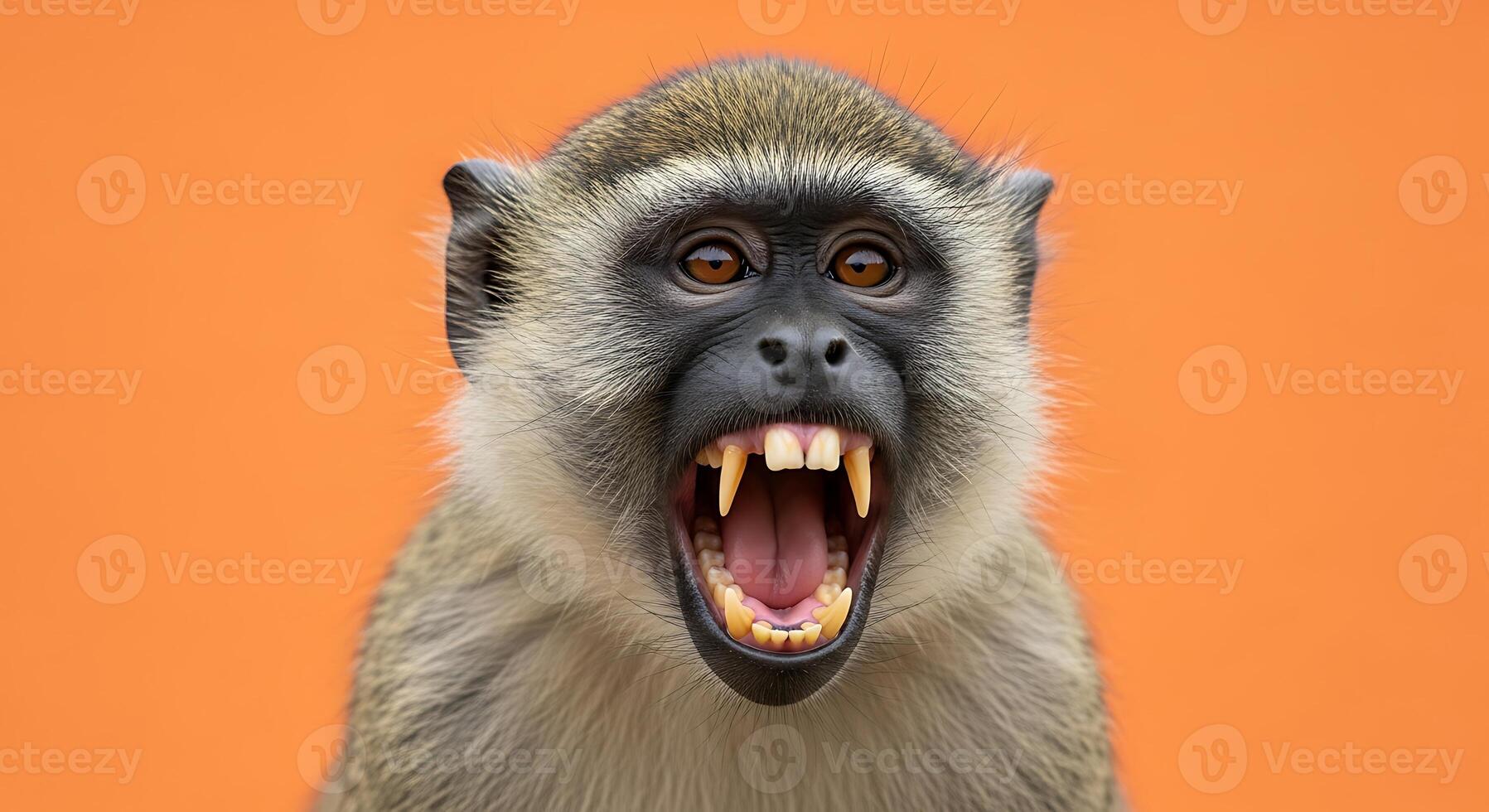 A monkey with its mouth open and teeth showing photo