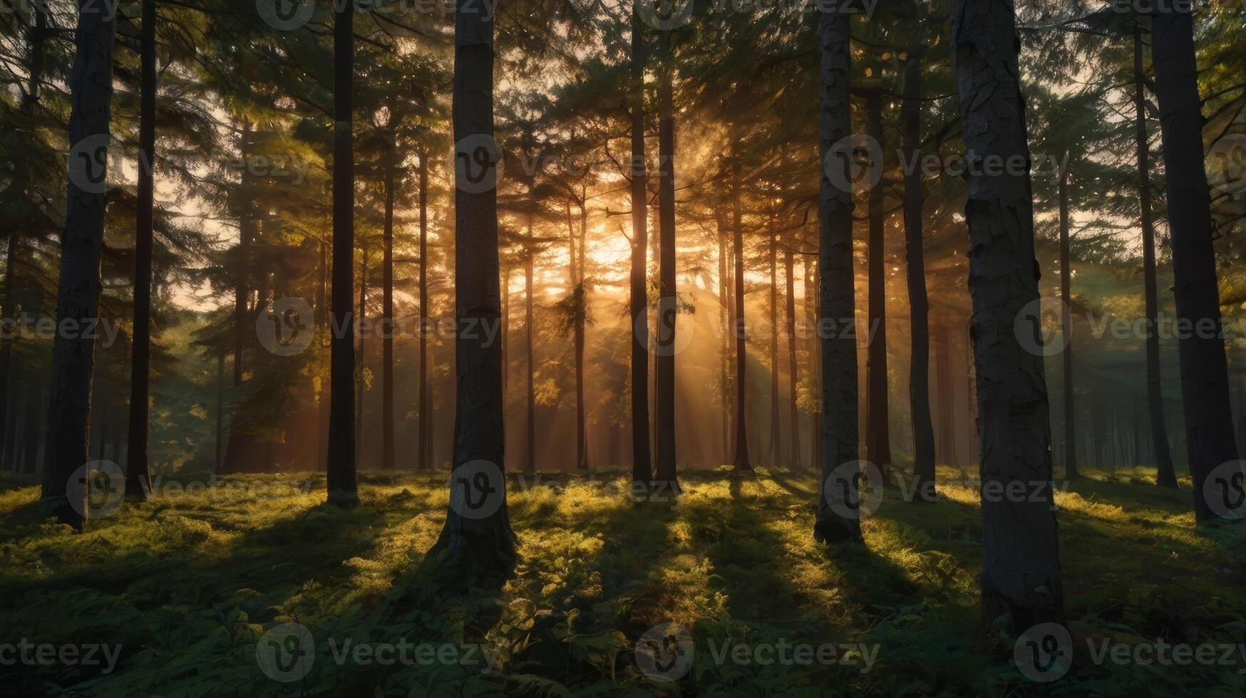 Enchanting forest scene with sunlight filtering through the trees at sunset photo