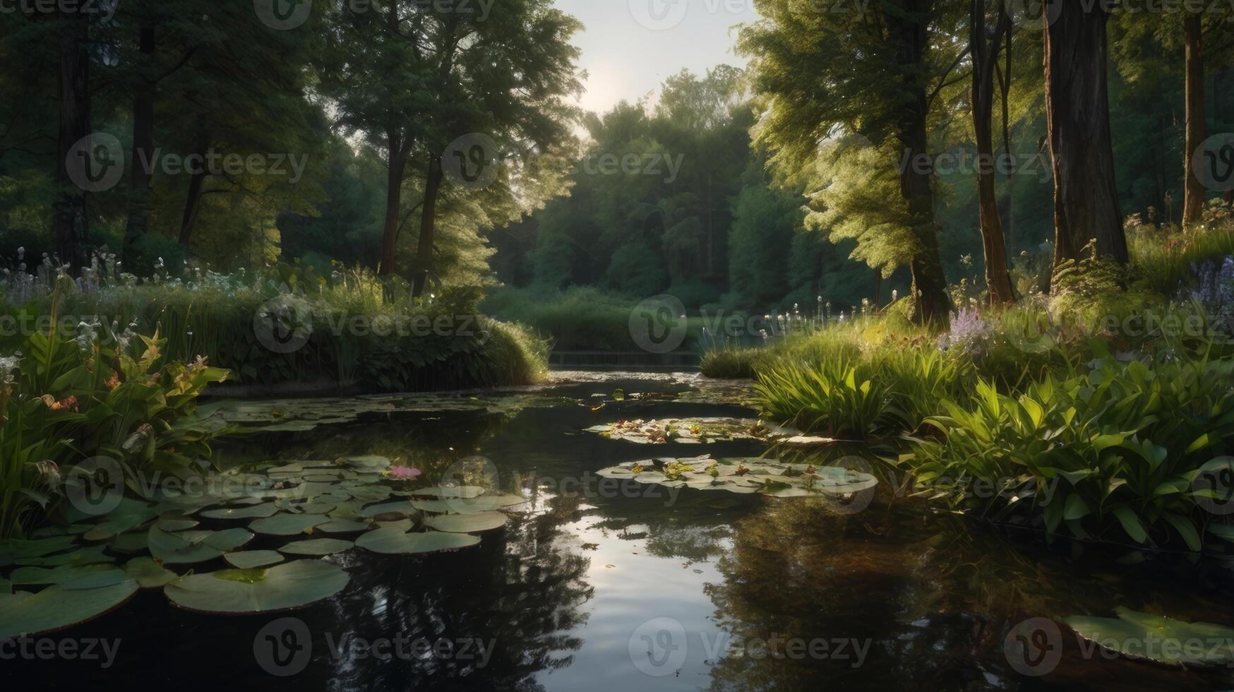 Tranquil pond reflecting the surrounding forest and lily pads serene scene photo